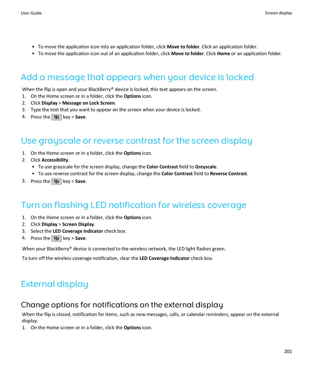 Blackberry SWDT643442-941426-0201084713-001 manual Add a message that appears when your device is locked, External display 