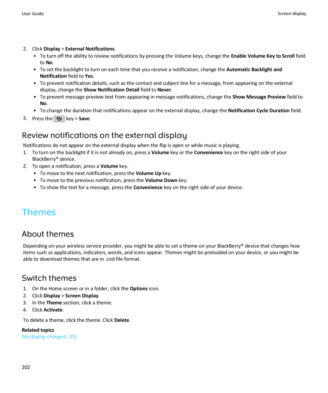 Blackberry SWDT643442-941426-0201084713-001 manual Themes, Review notifications on the external display, About themes 