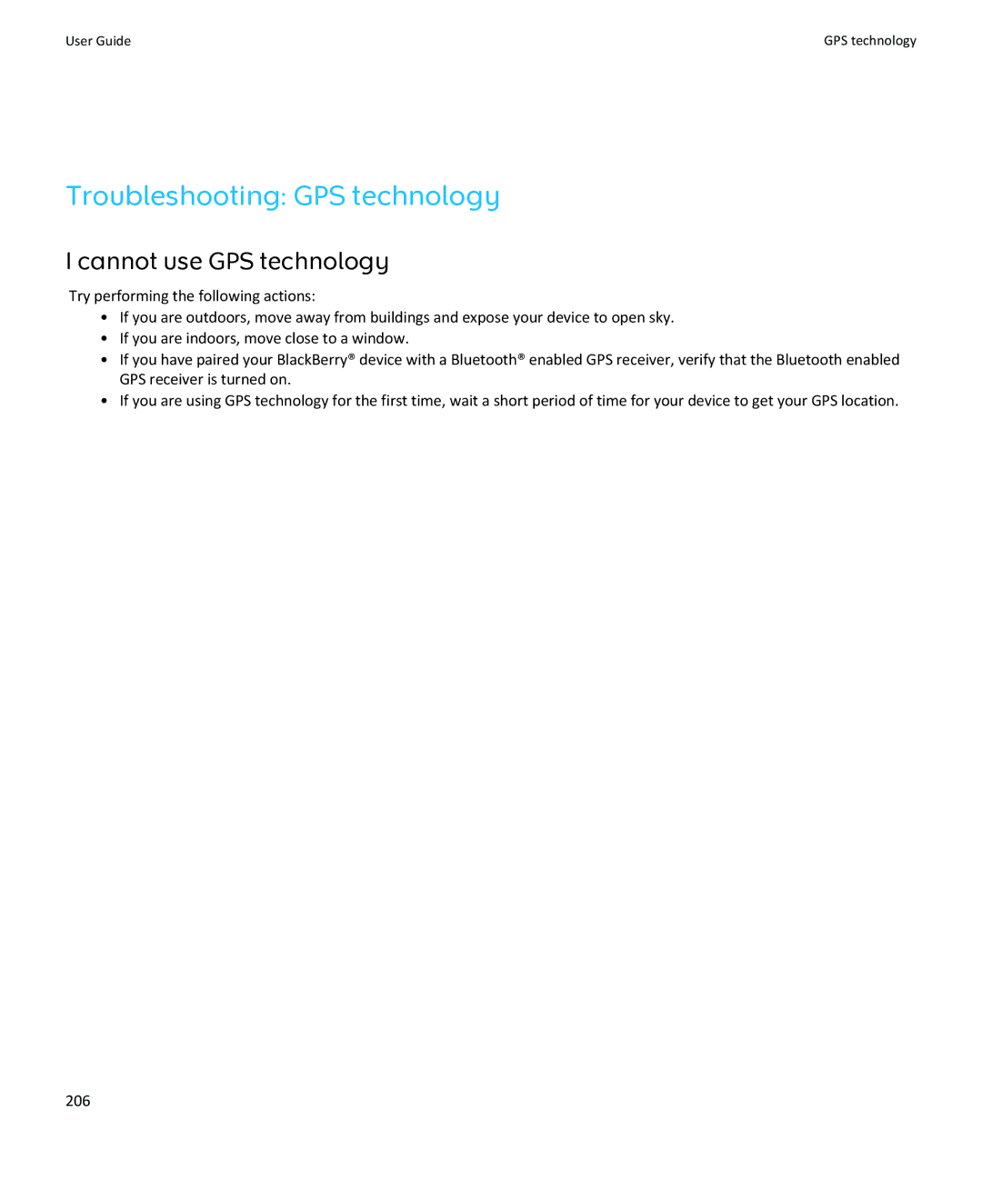 Blackberry SWDT643442-941426-0201084713-001 manual Troubleshooting GPS technology, Cannot use GPS technology 