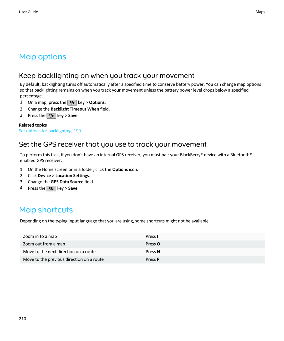 Blackberry SWDT643442-941426-0201084713-001 manual Map options, Keep backlighting on when you track your movement 