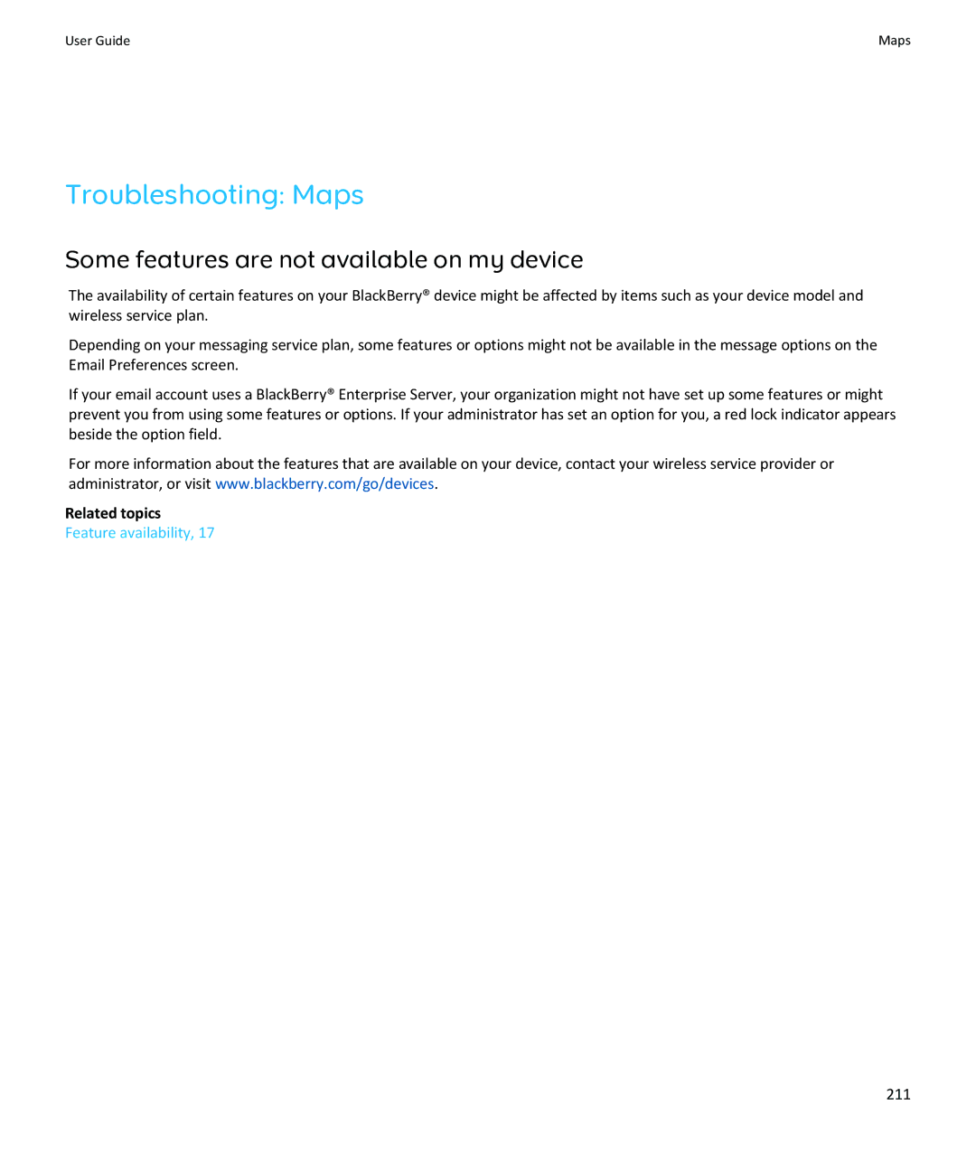 Blackberry SWDT643442-941426-0201084713-001 manual Troubleshooting Maps, 211 