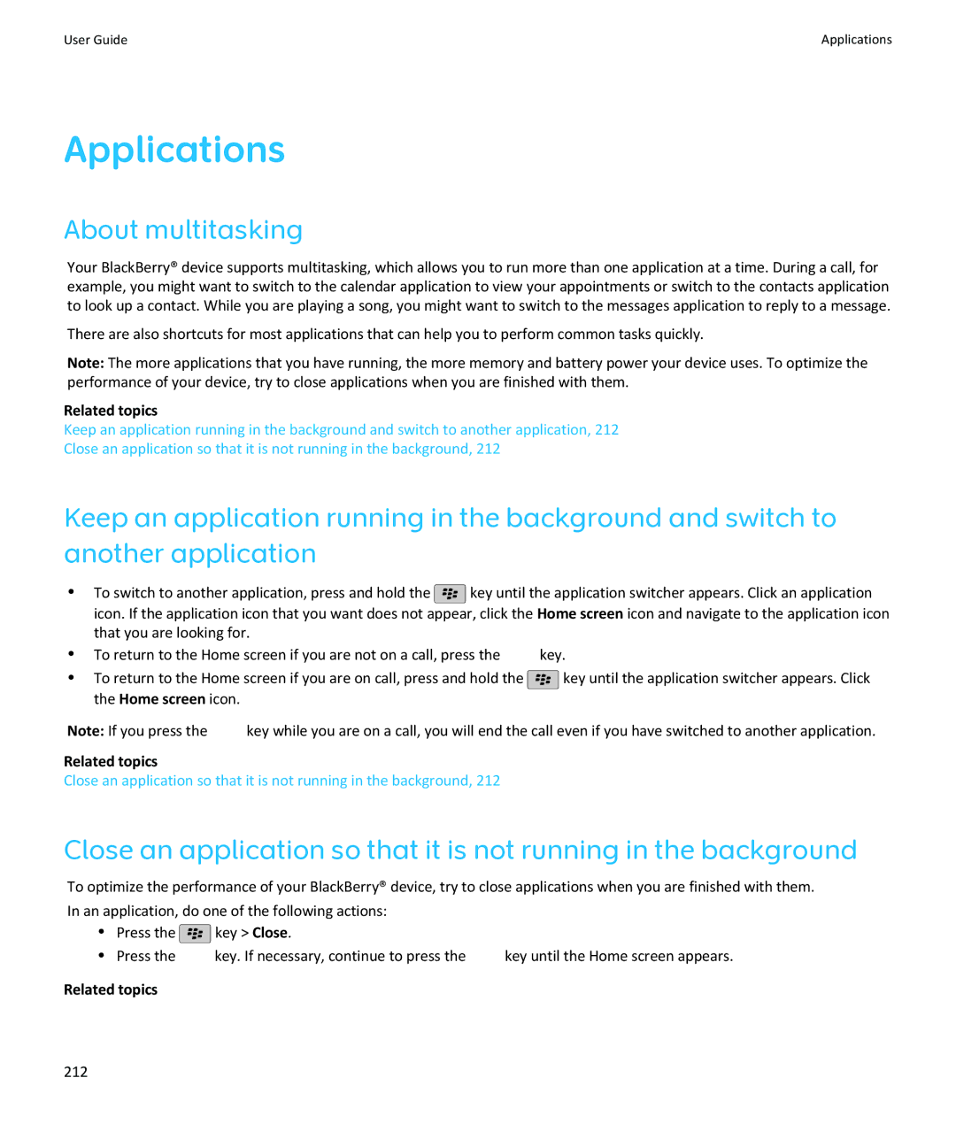 Blackberry SWDT643442-941426-0201084713-001 manual Applications, About multitasking, 212 