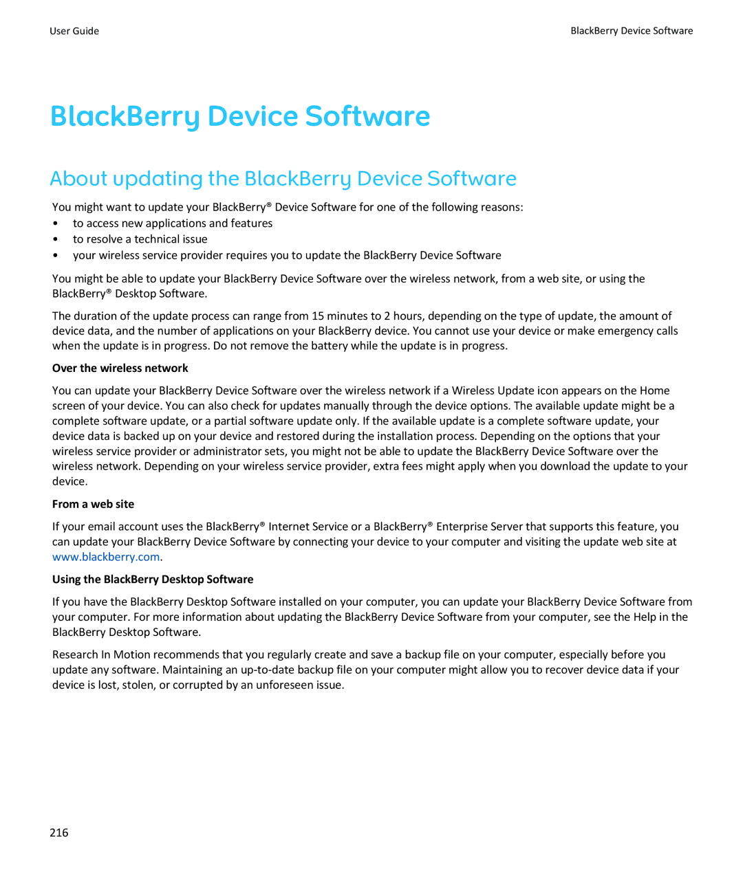 Blackberry SWDT643442-941426-0201084713-001 About updating the BlackBerry Device Software, Over the wireless network 