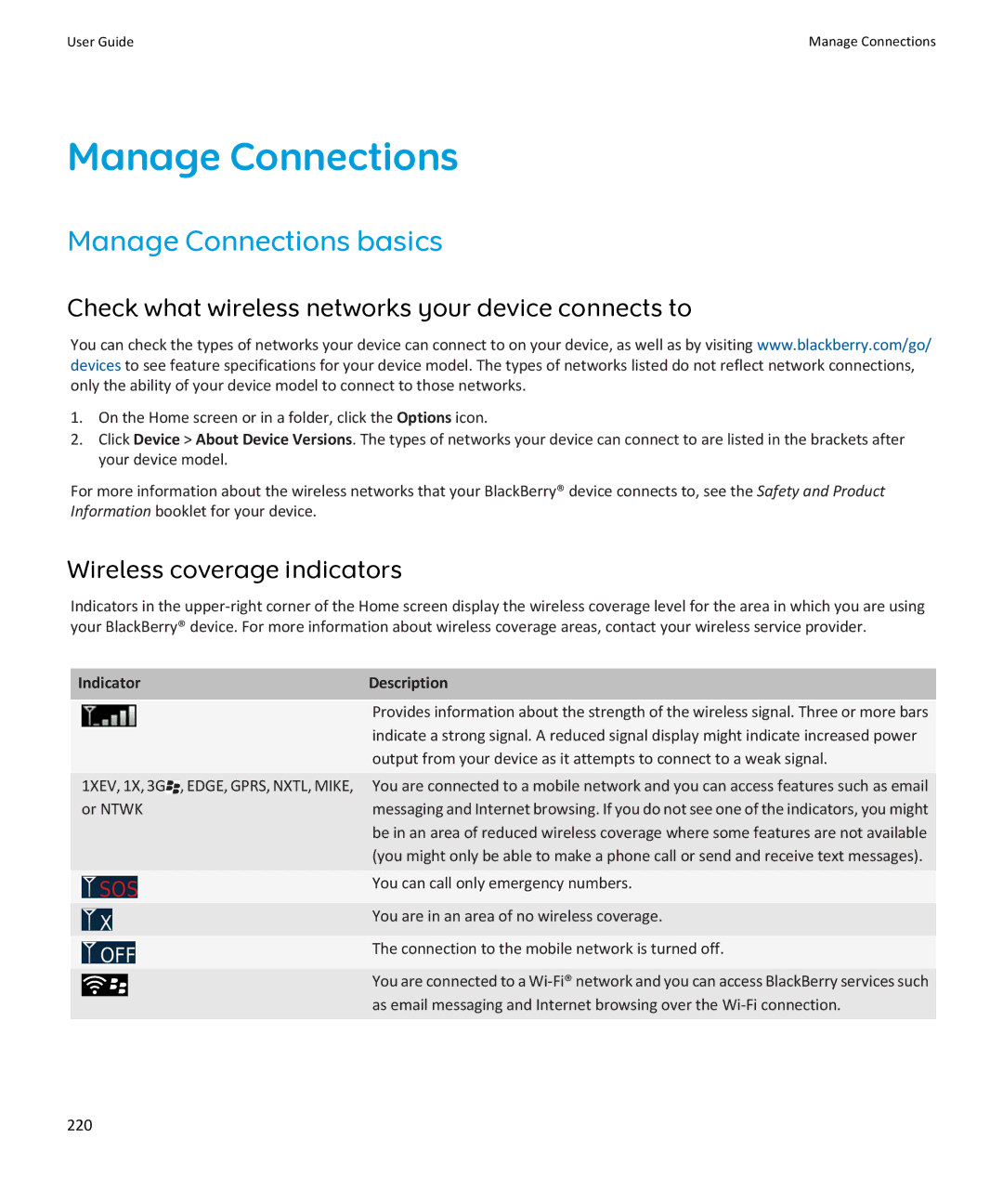 Blackberry SWDT643442-941426-0201084713-001 manual Manage Connections basics, Wireless coverage indicators 