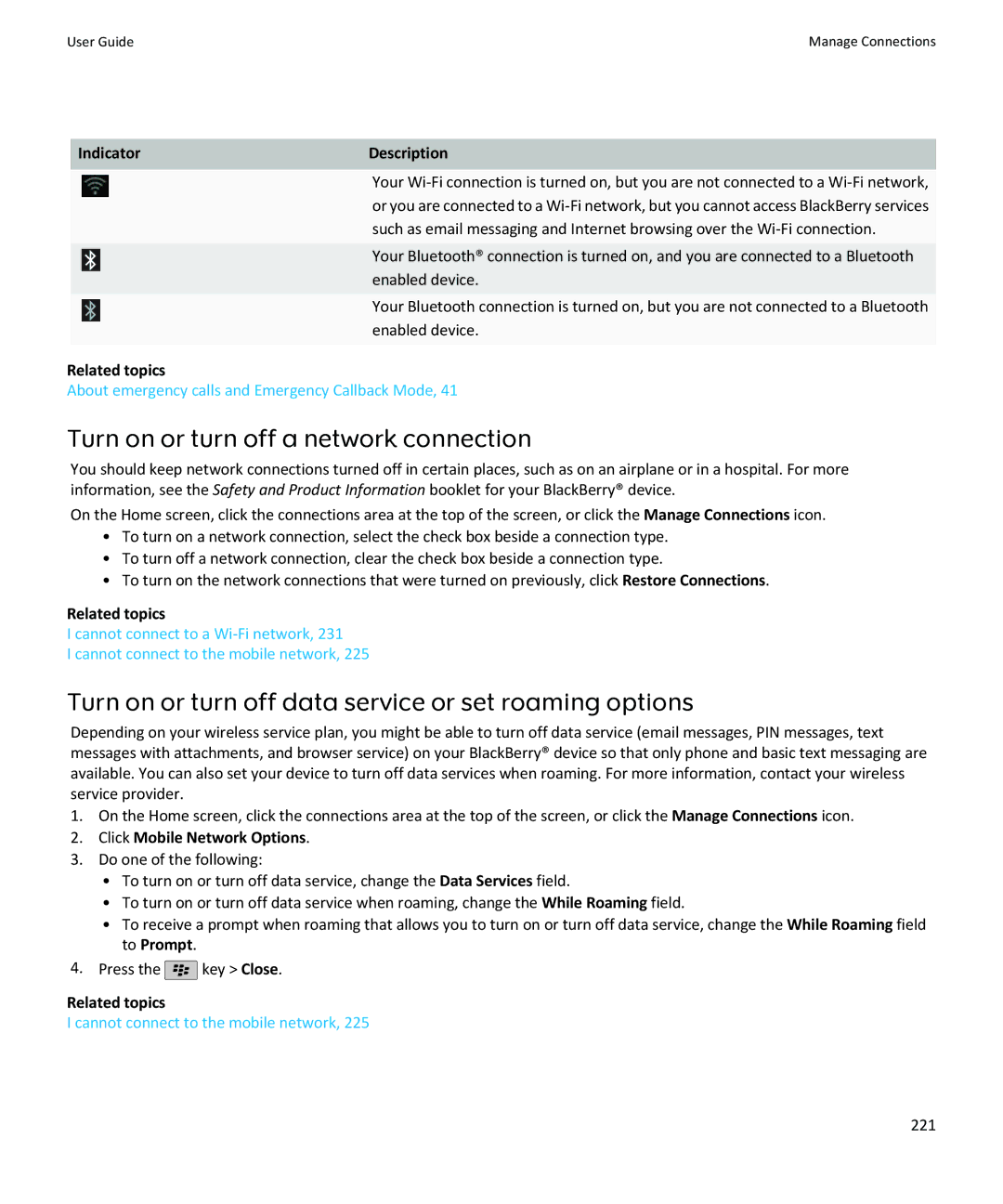 Blackberry SWDT643442-941426-0201084713-001 manual Turn on or turn off a network connection, Enabled device, 221 