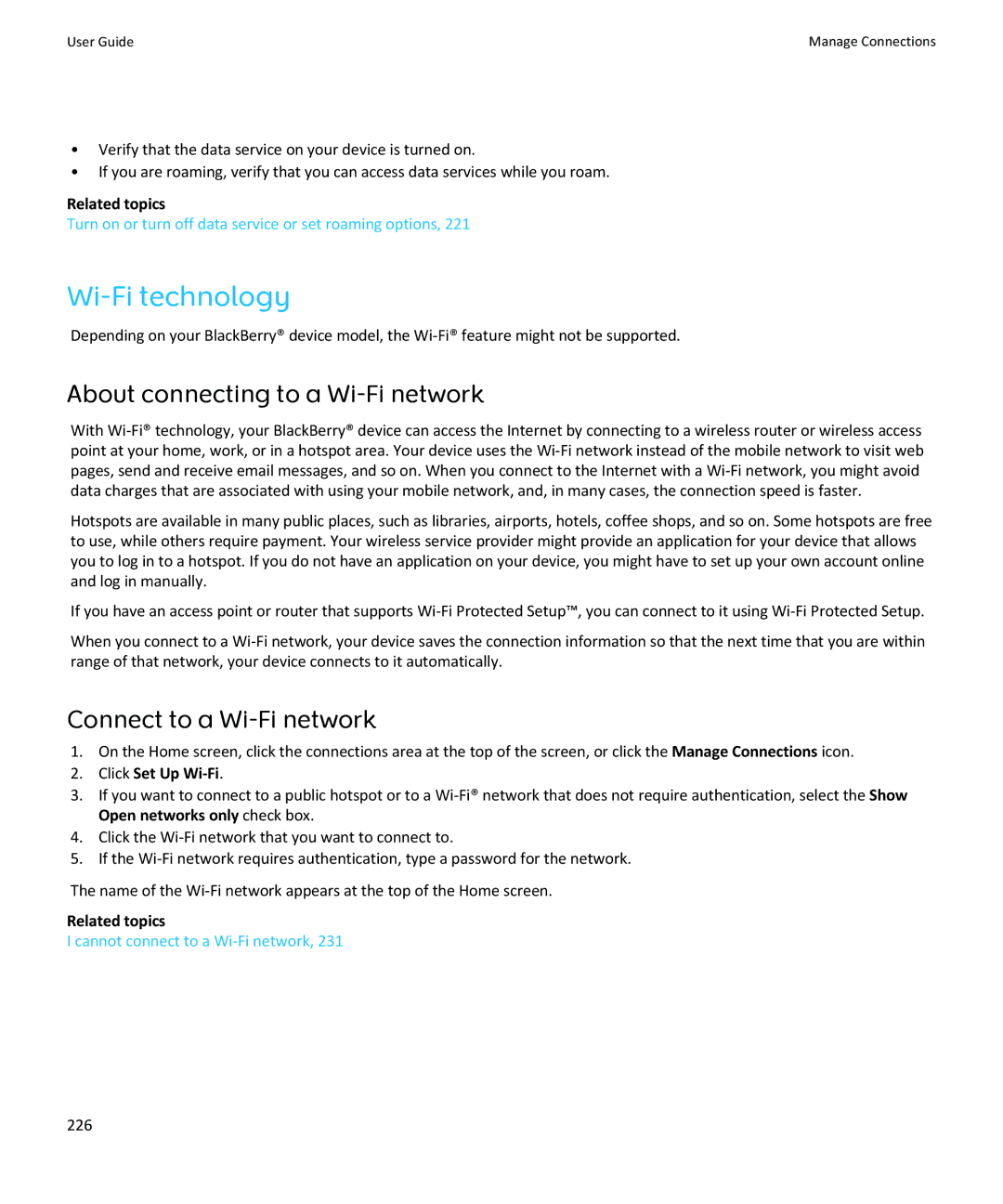 Blackberry SWDT643442-941426-0201084713-001 Wi-Fi technology, About connecting to a Wi-Fi network, Click Set Up Wi-Fi, 226 