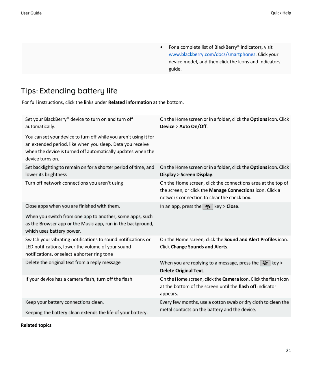 Blackberry SWDT643442-941426-0201084713-001 manual Tips Extending battery life, Device Auto On/Off, Display Screen Display 