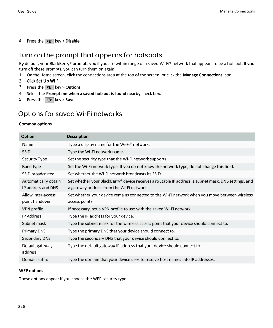 Blackberry SWDT643442-941426-0201084713-001 Turn on the prompt that appears for hotspots, Options for saved Wi-Fi networks 