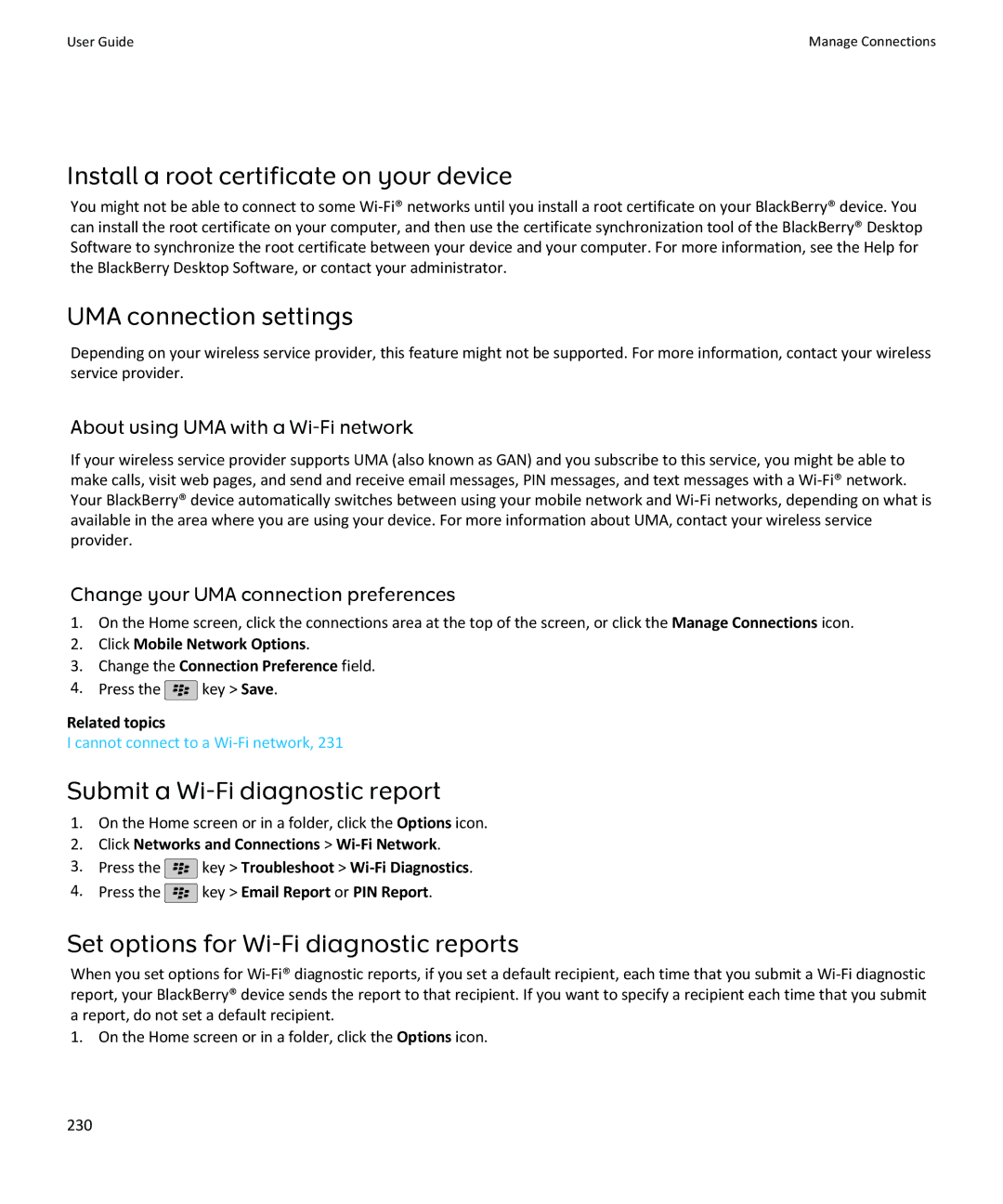 Blackberry SWDT643442-941426-0201084713-001 manual Install a root certificate on your device, UMA connection settings 