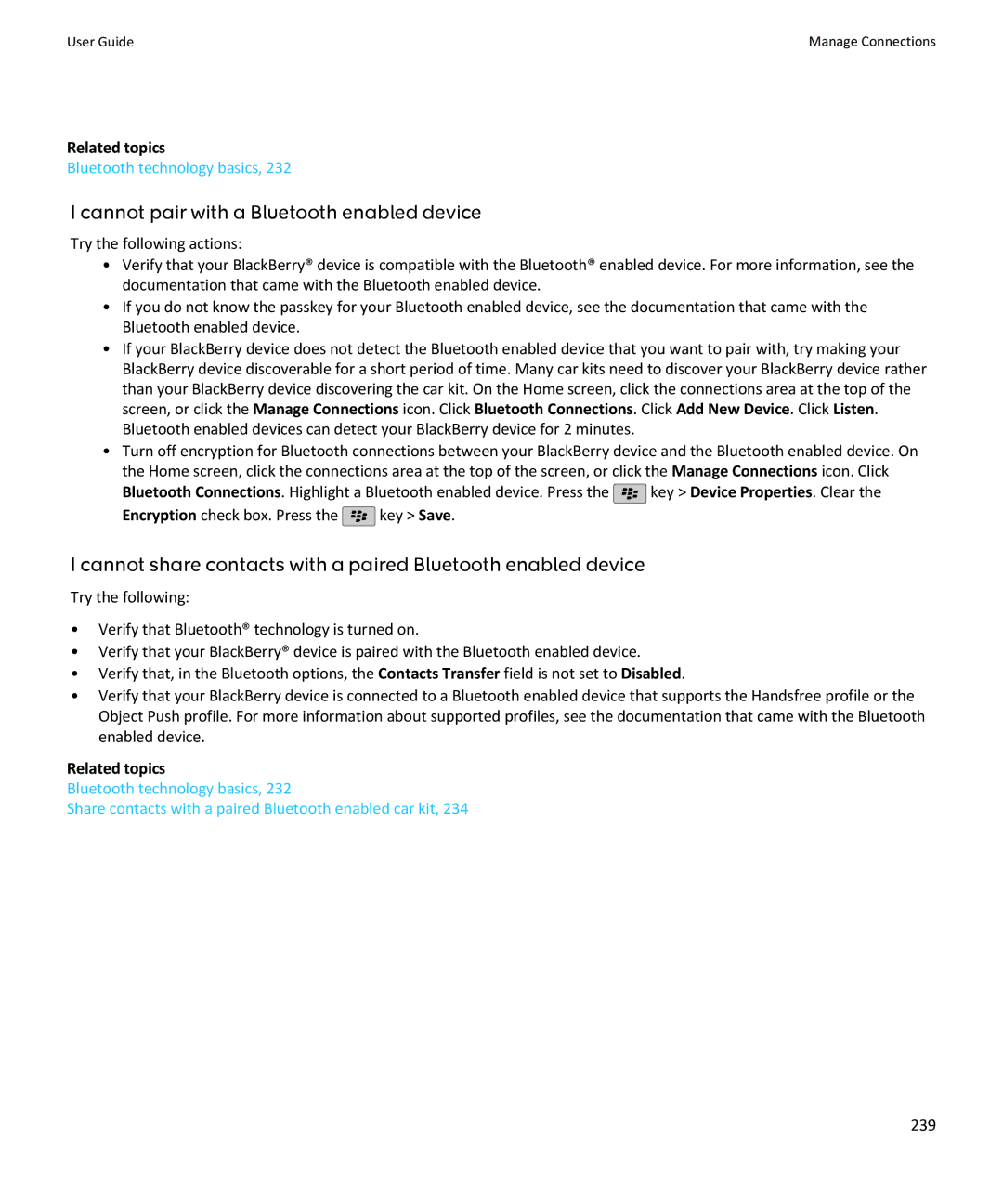 Blackberry SWDT643442-941426-0201084713-001 manual Cannot pair with a Bluetooth enabled device, 239 