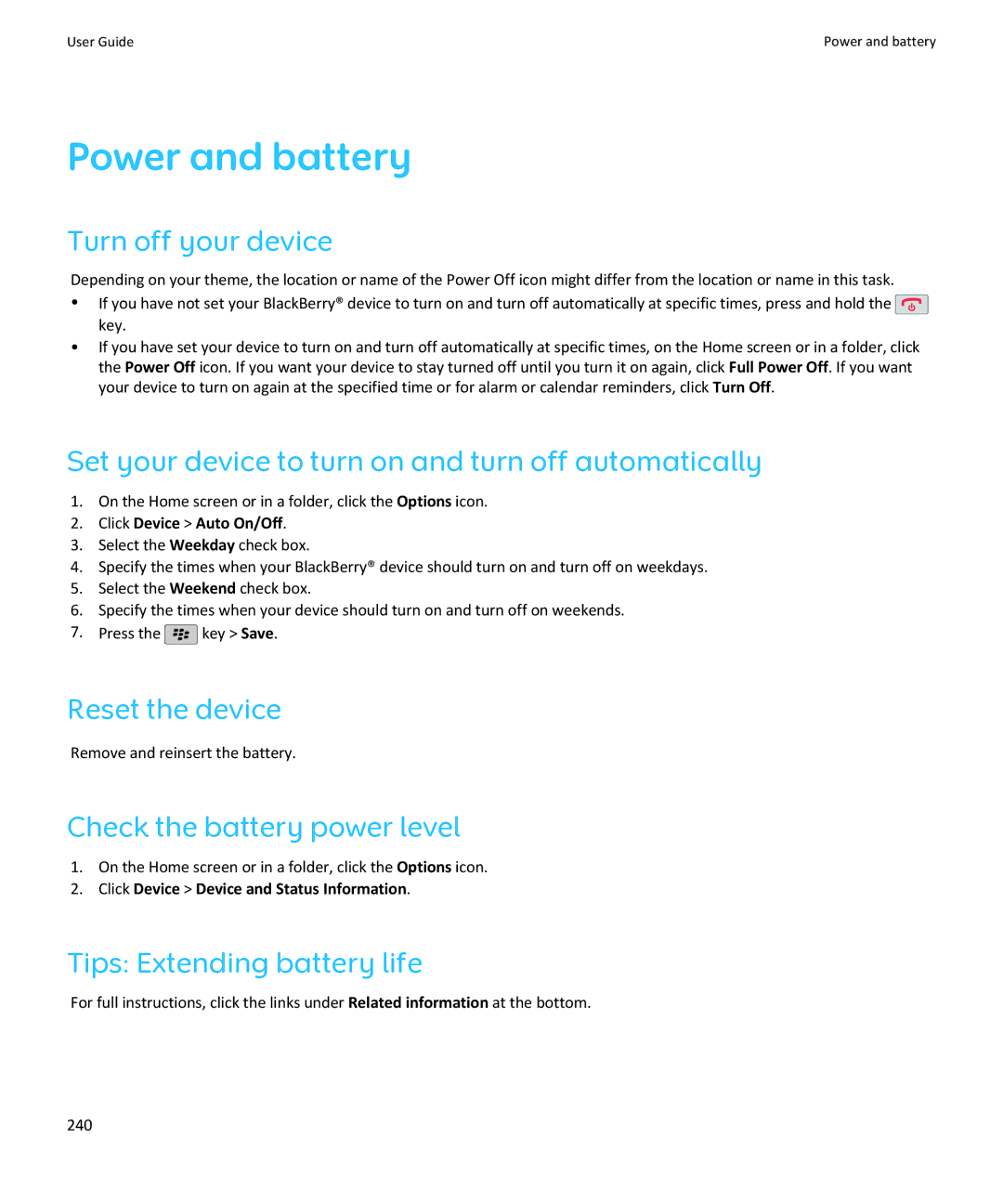 Blackberry SWDT643442-941426-0201084713-001 manual Power and battery 