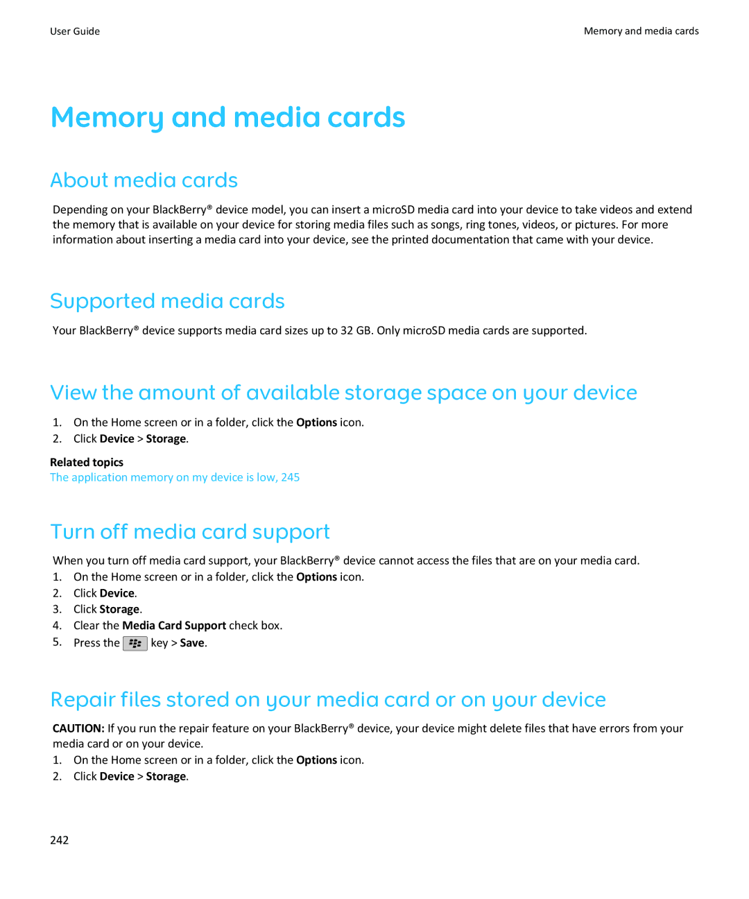 Blackberry SWDT643442-941426-0201084713-001 manual Memory and media cards 