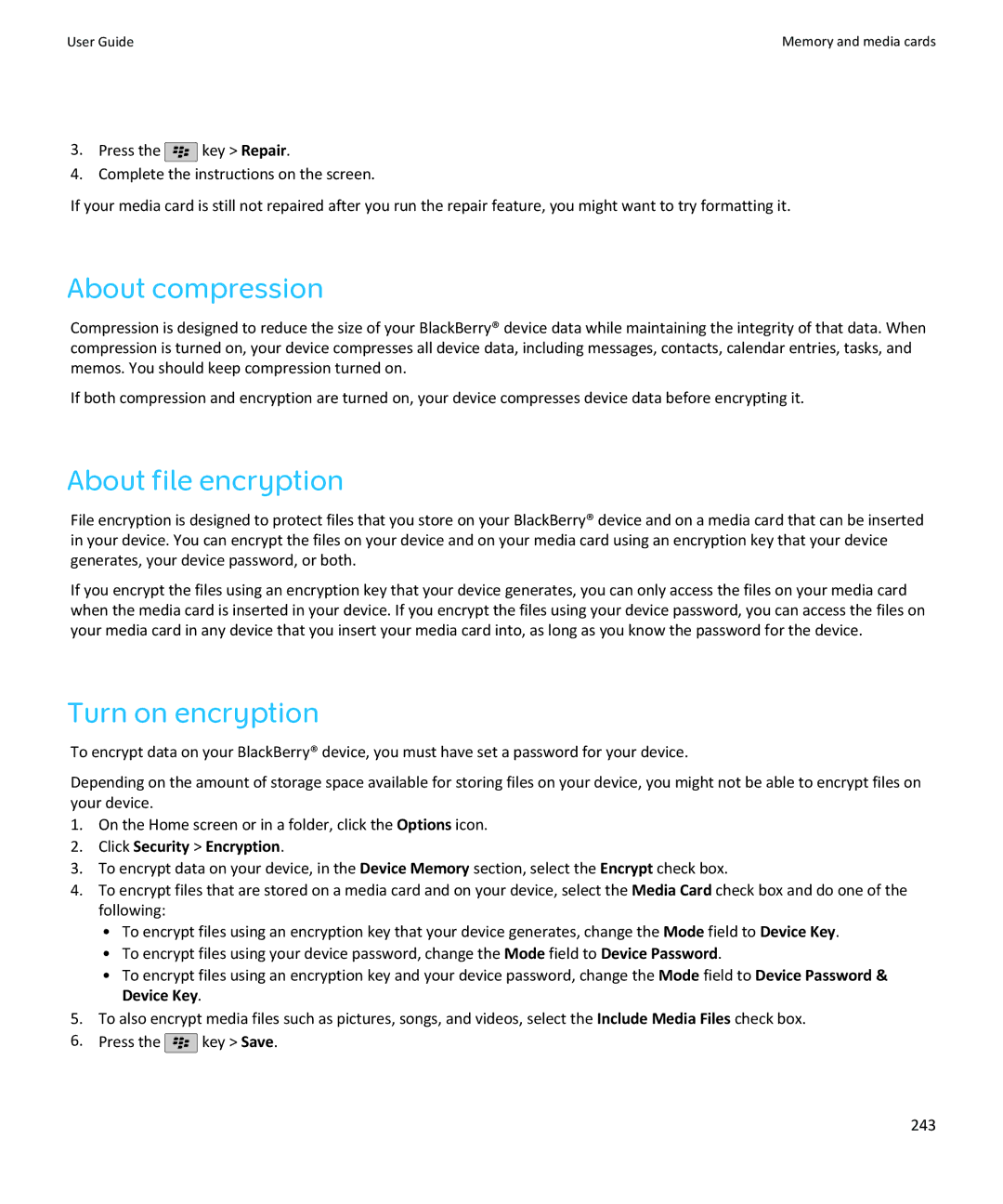 Blackberry SWDT643442-941426-0201084713-001 manual About compression, About file encryption, Turn on encryption 