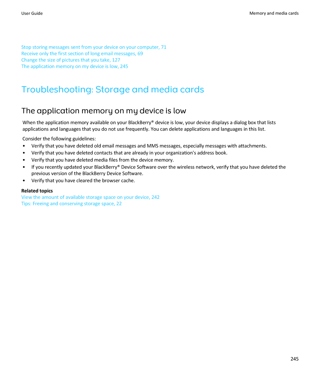 Blackberry SWDT643442-941426-0201084713-001 manual Troubleshooting Storage and media cards, 245 