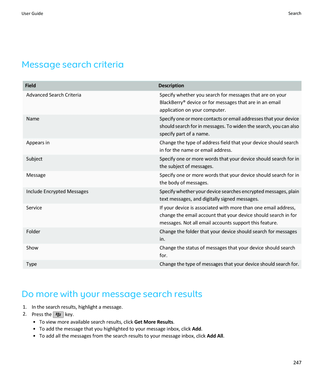 Blackberry SWDT643442-941426-0201084713-001 manual Message search criteria, Do more with your message search results 