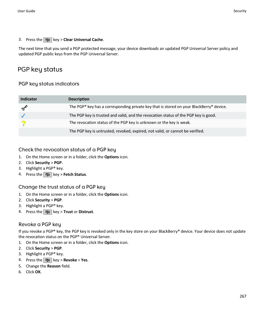 Blackberry SWDT643442-941426-0201084713-001 manual PGP key status indicators, Check the revocation status of a PGP key 