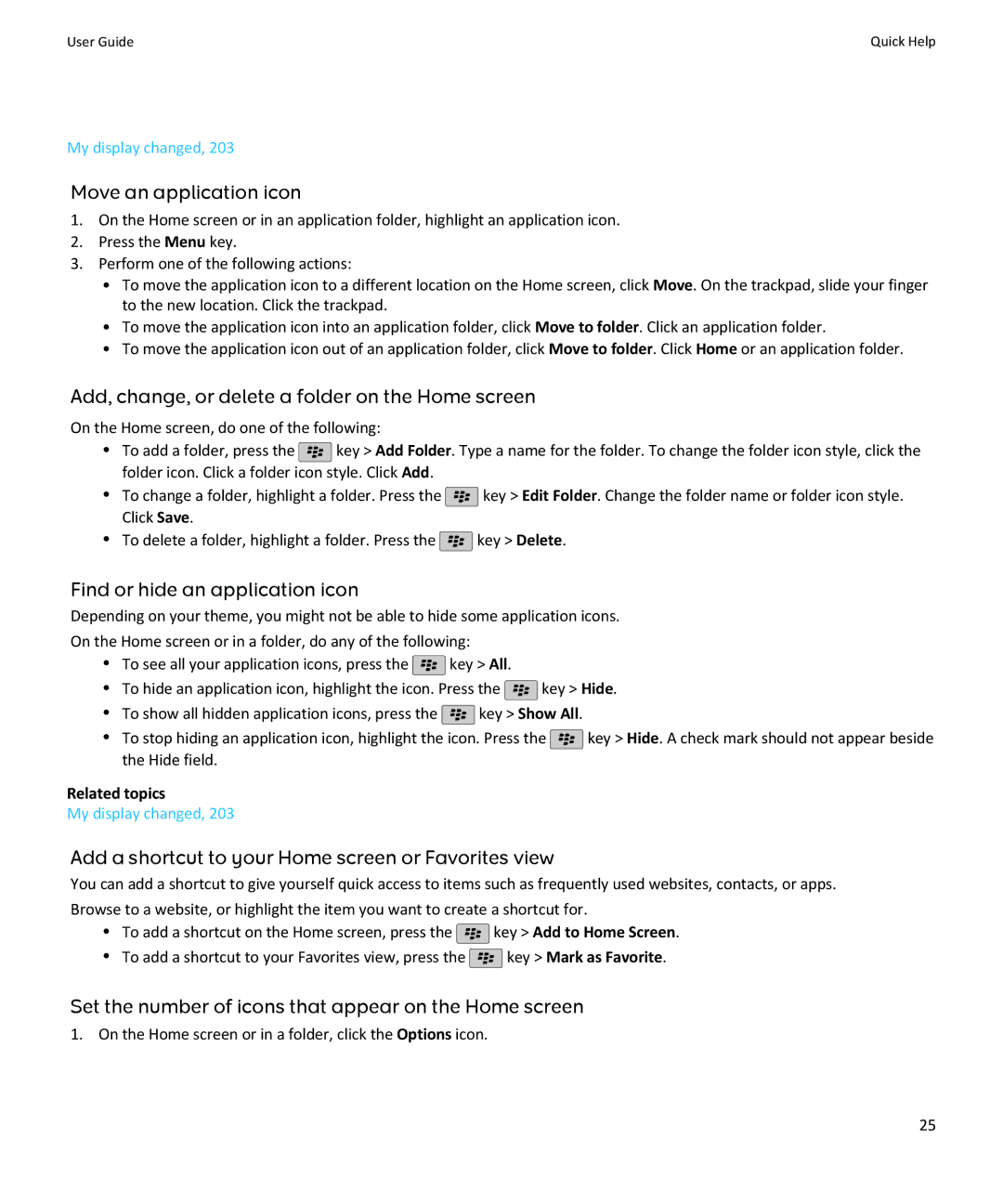 Blackberry SWDT643442-941426-0201084713-001 Move an application icon, Add, change, or delete a folder on the Home screen 