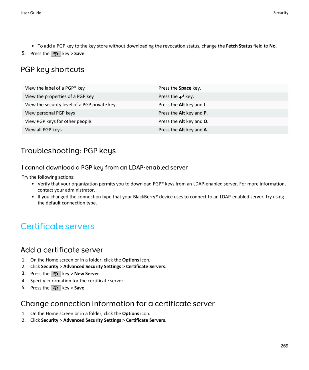 Blackberry SWDT643442-941426-0201084713-001 manual Certificate servers, PGP key shortcuts, Troubleshooting PGP keys 