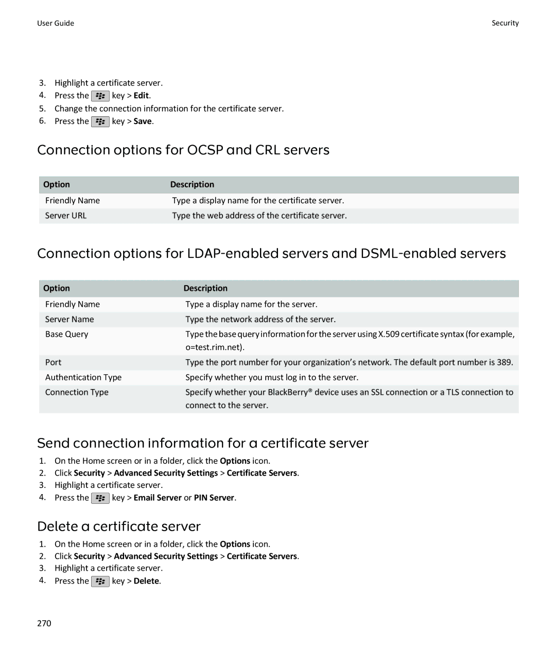 Blackberry SWDT643442-941426-0201084713-001 manual Connection options for Ocsp and CRL servers, Delete a certificate server 