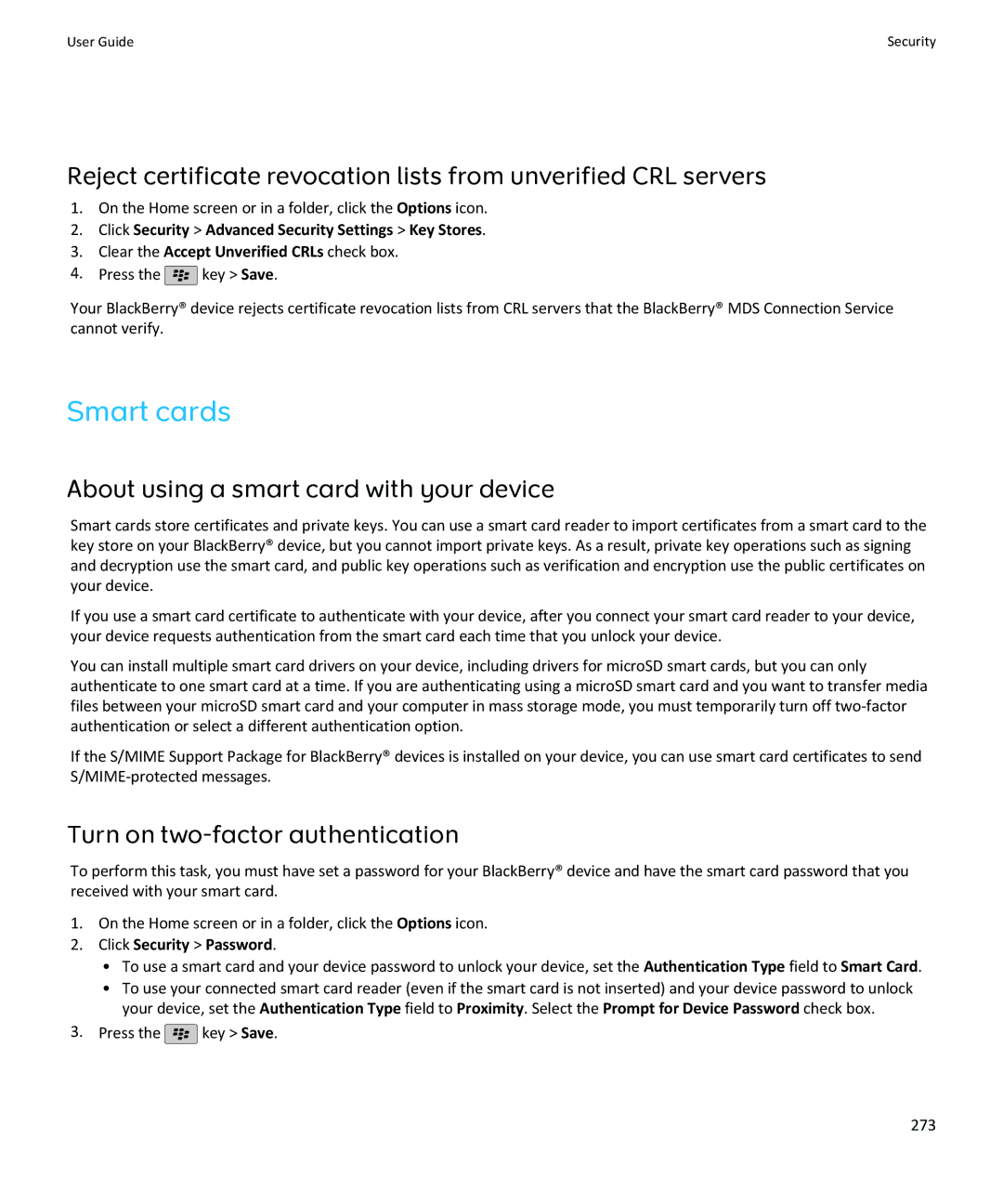 Blackberry SWDT643442-941426-0201084713-001 Smart cards, About using a smart card with your device, Press the key Save 273 