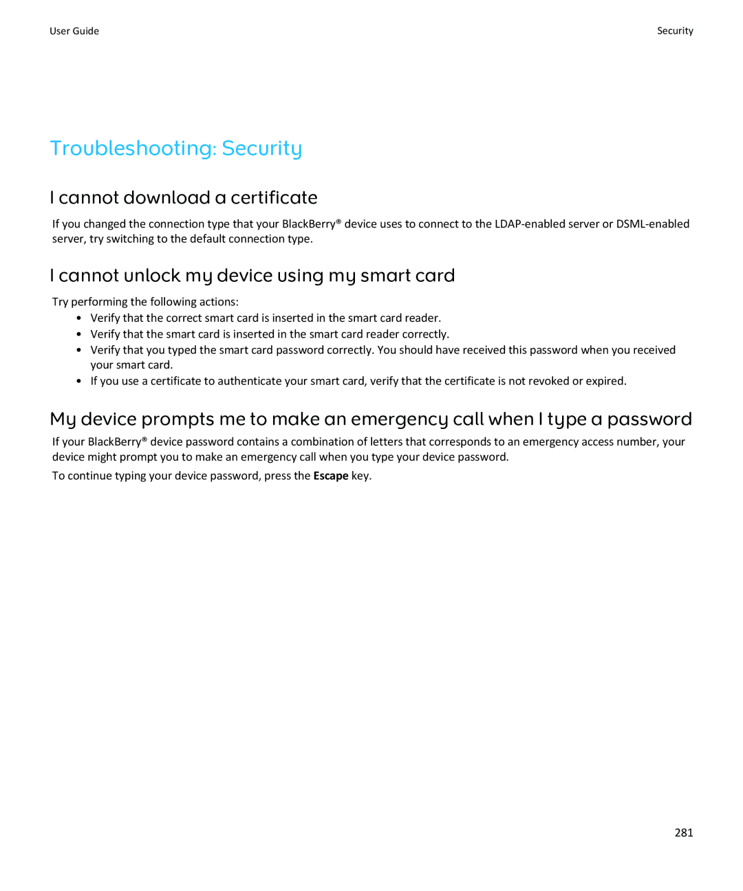 Blackberry SWDT643442-941426-0201084713-001 manual Troubleshooting Security, Cannot download a certificate 