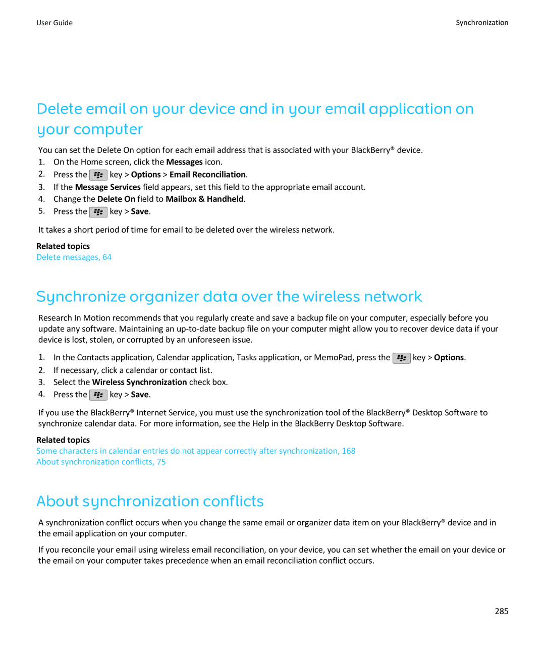 Blackberry SWDT643442-941426-0201084713-001 manual Synchronize organizer data over the wireless network 