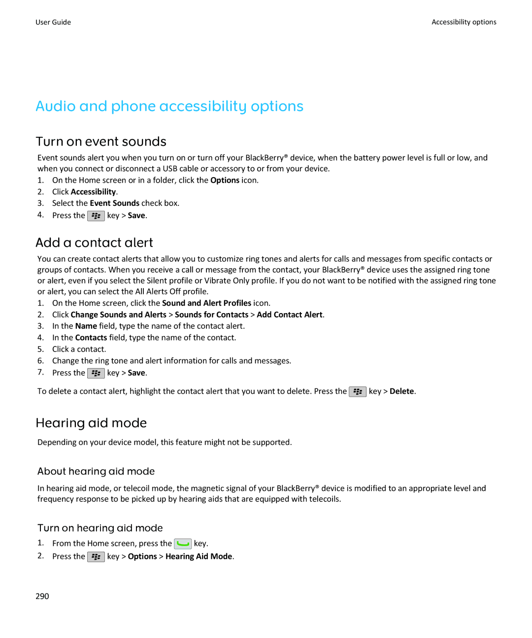 Blackberry SWDT643442-941426-0201084713-001 Audio and phone accessibility options, Turn on event sounds, Hearing aid mode 