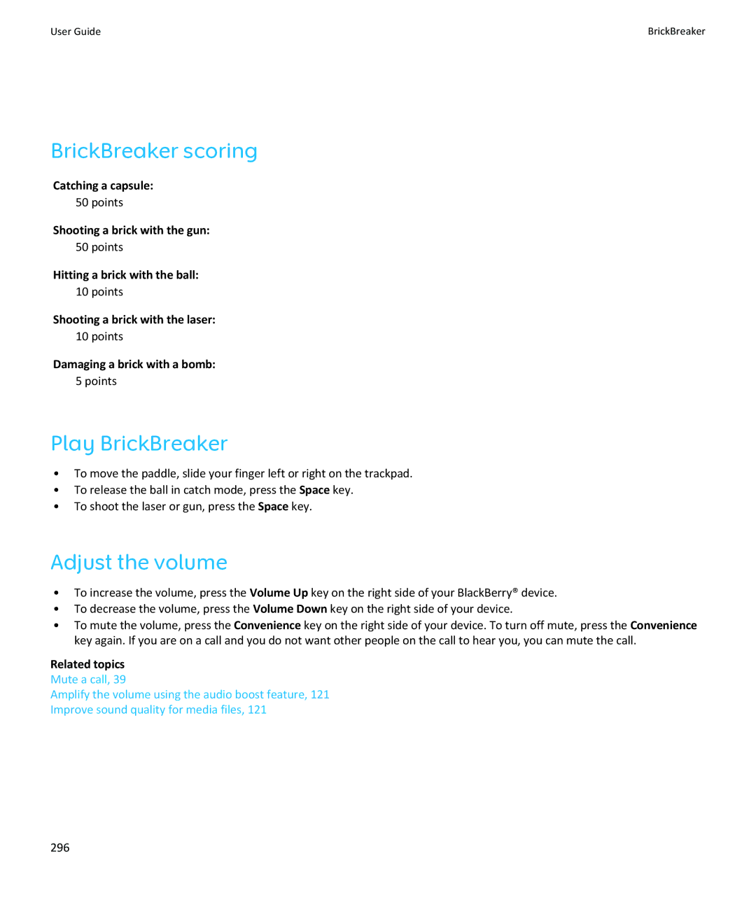 Blackberry SWDT643442-941426-0201084713-001 BrickBreaker scoring, Play BrickBreaker, Adjust the volume, Catching a capsule 