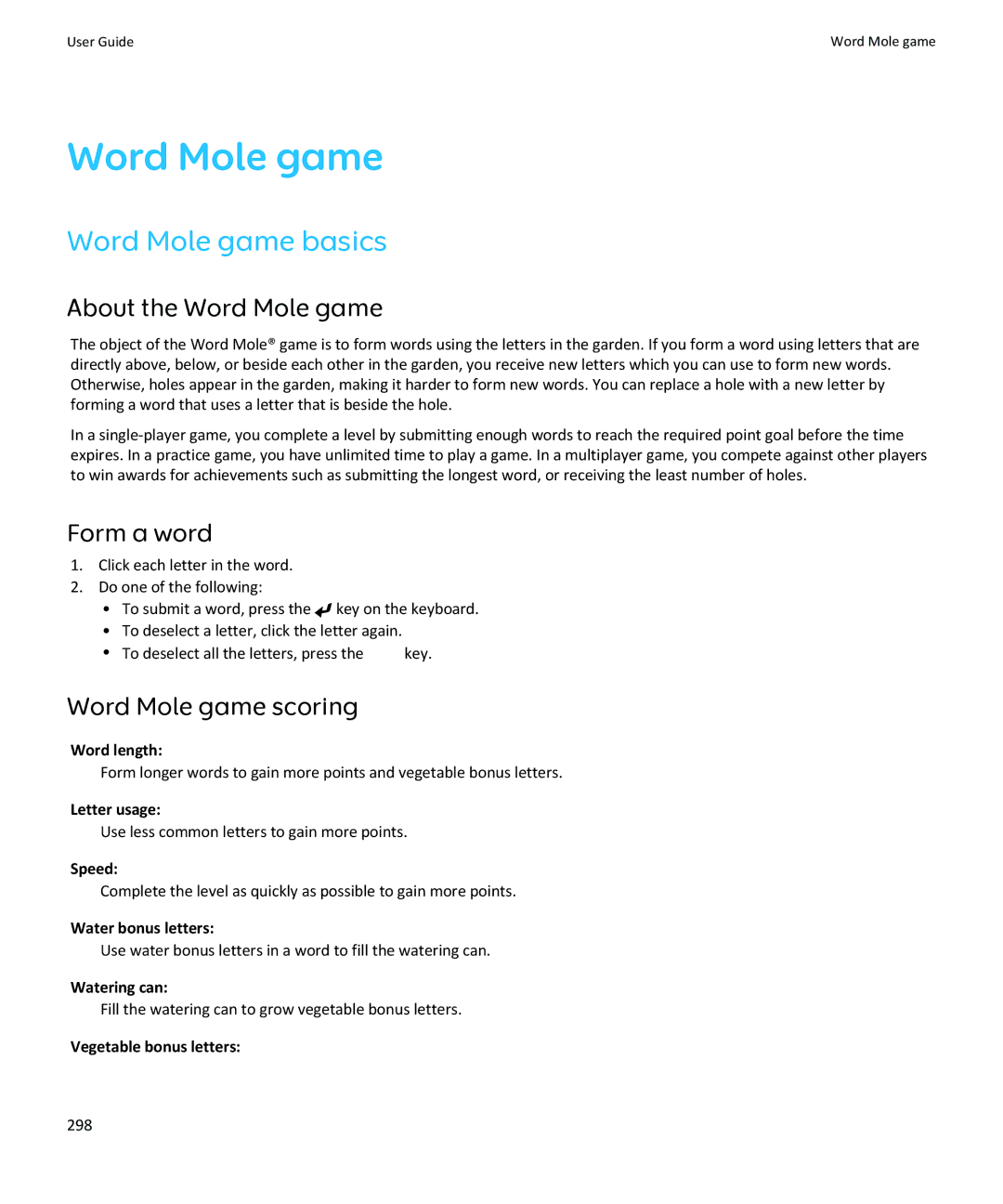 Blackberry SWDT643442-941426-0201084713-001 manual Word Mole game basics, About the Word Mole game, Form a word 