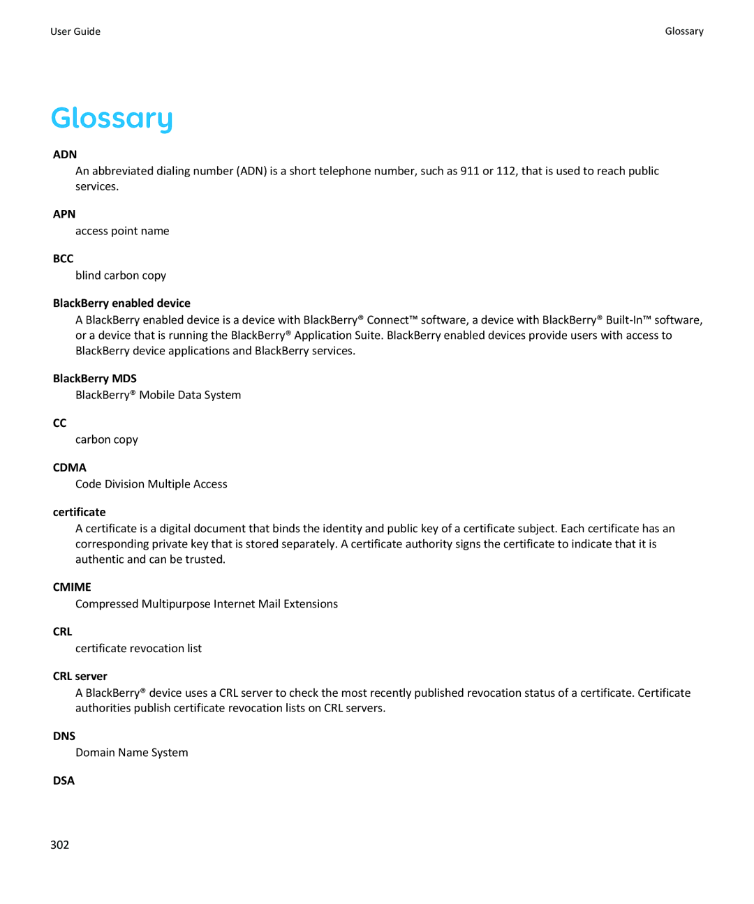 Blackberry SWDT643442-941426-0201084713-001 Glossary, BlackBerry enabled device, BlackBerry MDS, Certificate, CRL server 