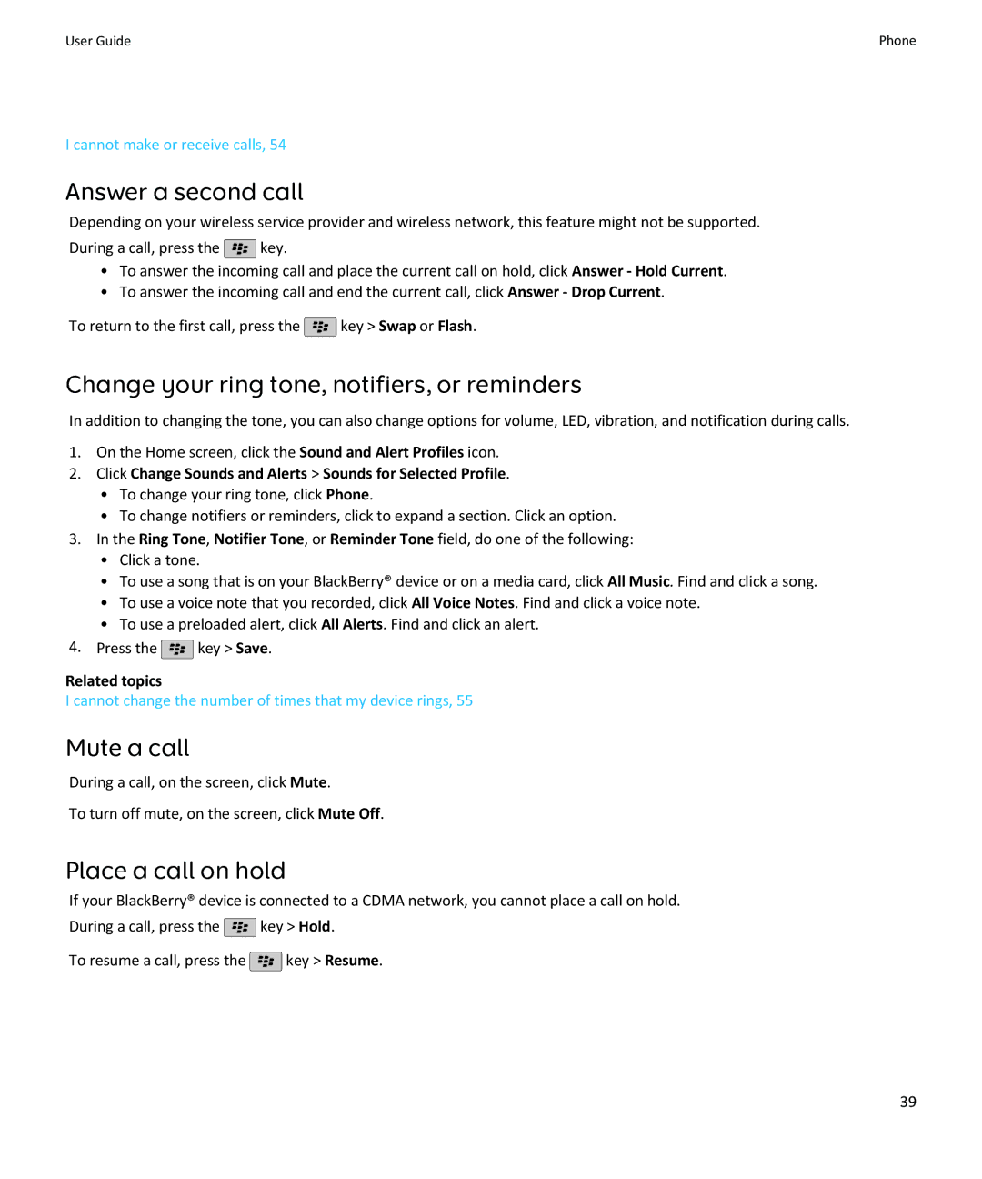 Blackberry SWDT643442-941426-0201084713-001 manual Answer a second call, Mute a call, Place a call on hold 