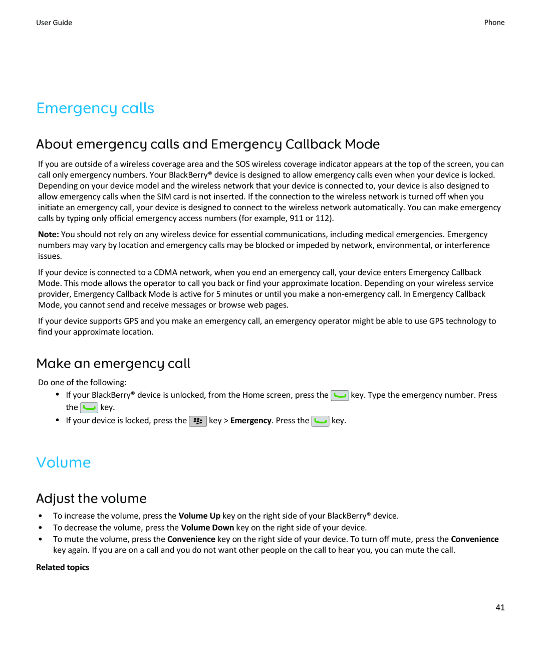Blackberry SWDT643442-941426-0201084713-001 Emergency calls, Volume, About emergency calls and Emergency Callback Mode 