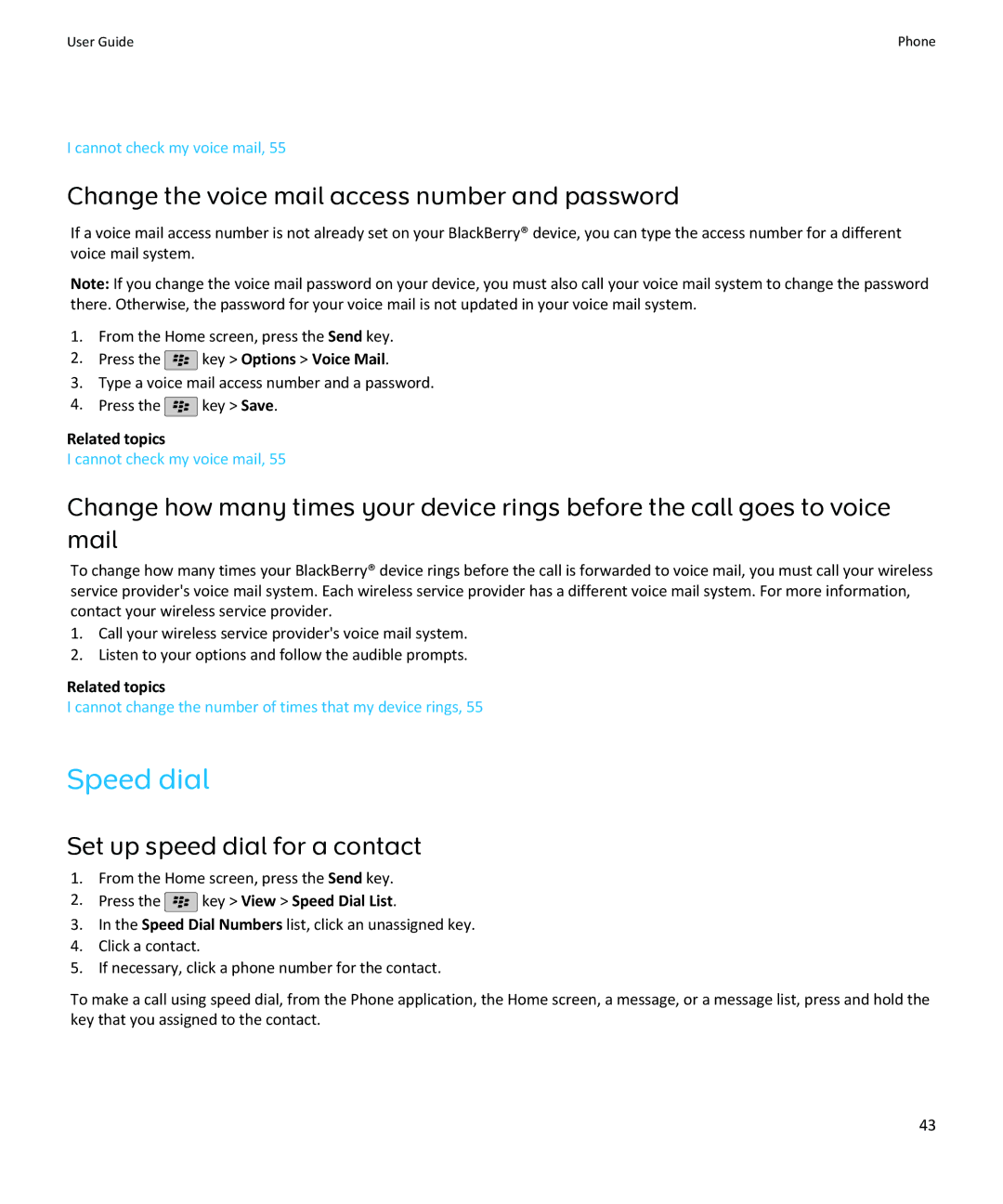 Blackberry SWDT643442-941426-0201084713-001 manual Speed dial, Change the voice mail access number and password 