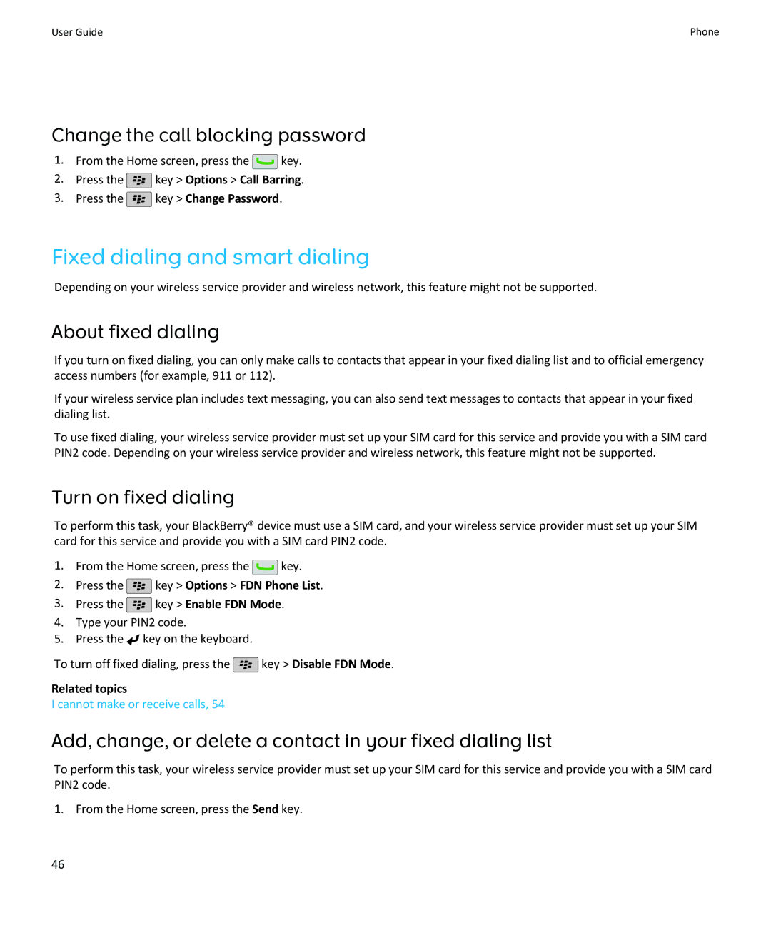 Blackberry SWDT643442-941426-0201084713-001 manual Fixed dialing and smart dialing, Change the call blocking password 