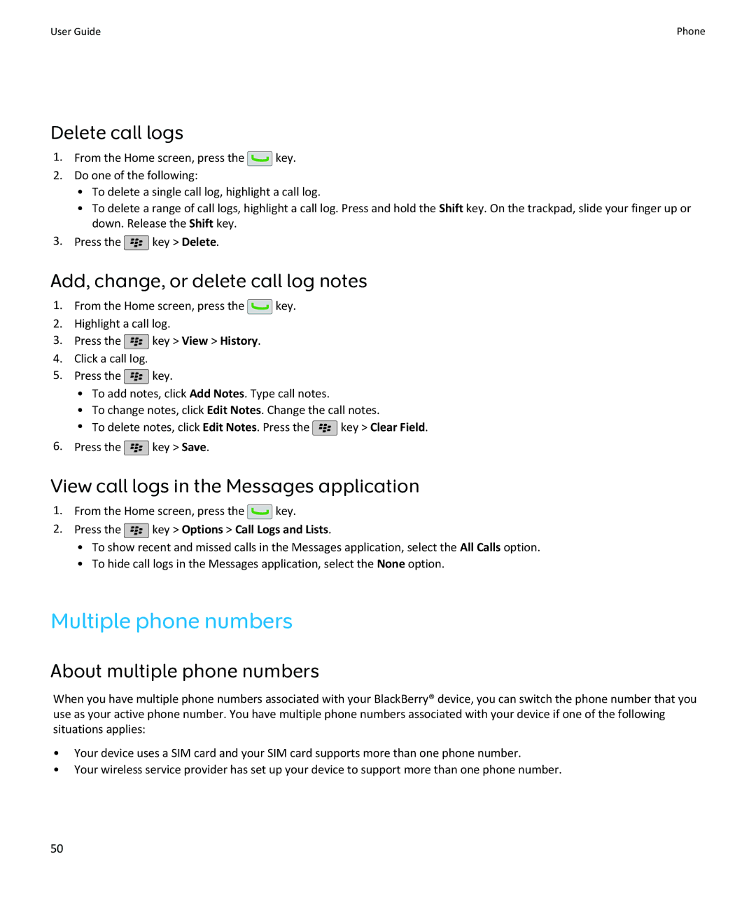 Blackberry SWDT643442-941426-0201084713-001 manual Multiple phone numbers, Delete call logs, About multiple phone numbers 