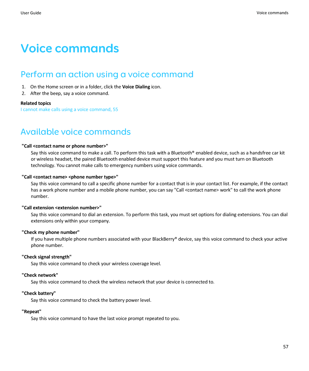 Blackberry SWDT643442-941426-0201084713-001 manual Voice commands, Perform an action using a voice command 