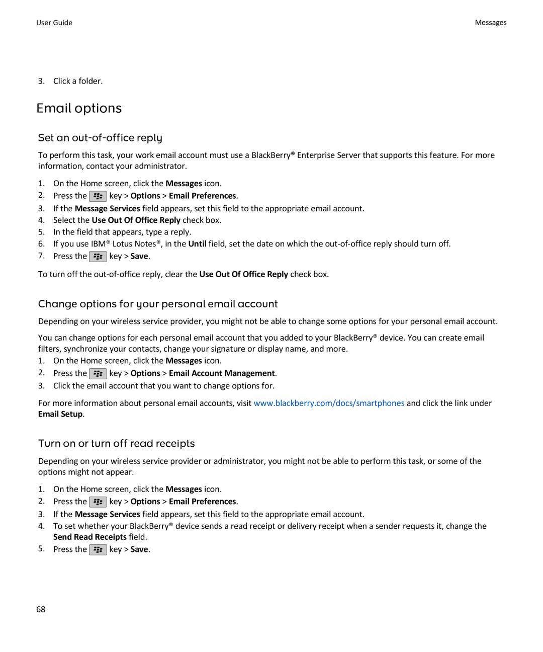 Blackberry SWDT643442-941426-0201084713-001 Email options, Set an out-of-office reply, Turn on or turn off read receipts 