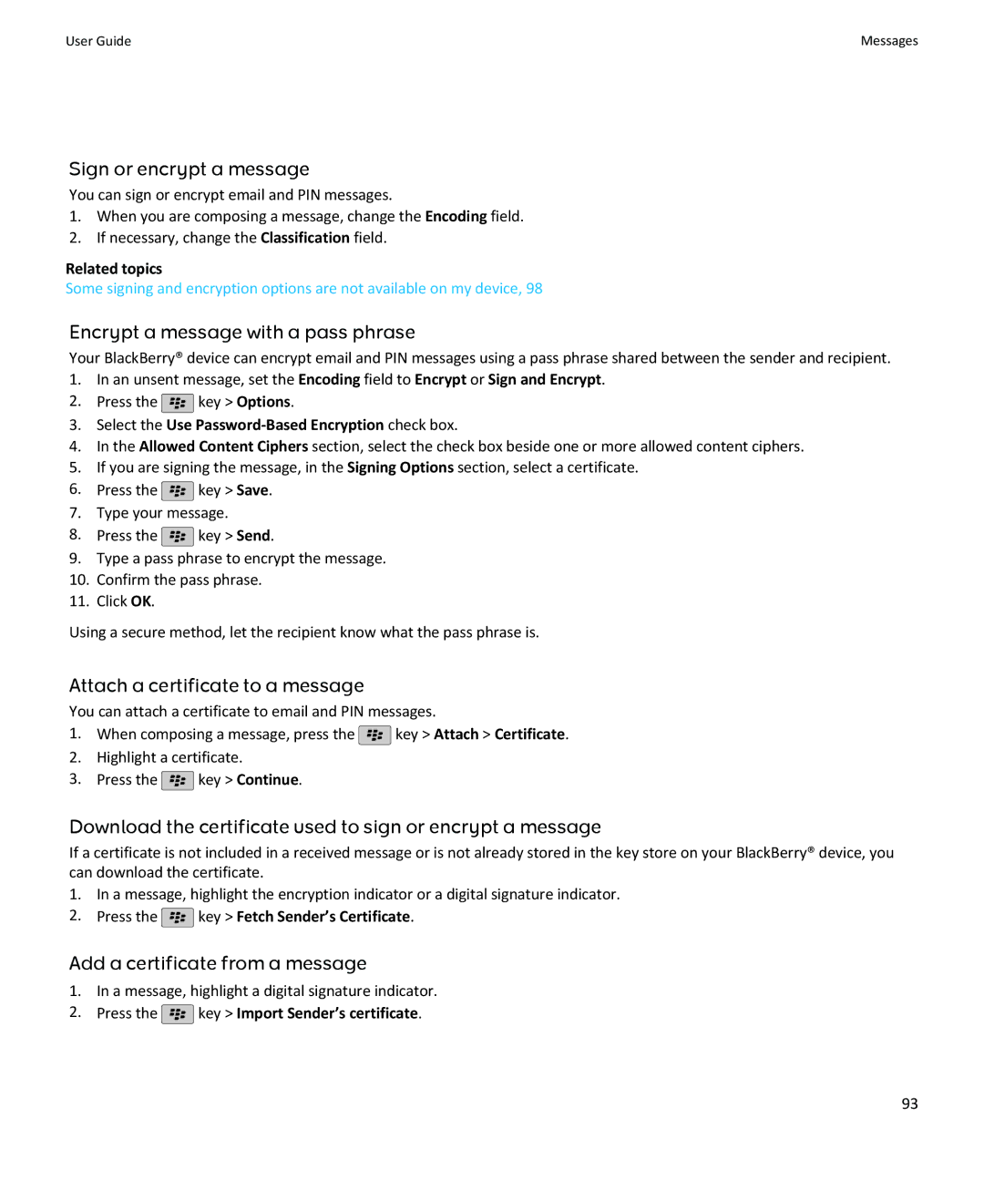 Blackberry SWDT643442-941426-0201084713-001 manual Sign or encrypt a message, Encrypt a message with a pass phrase 