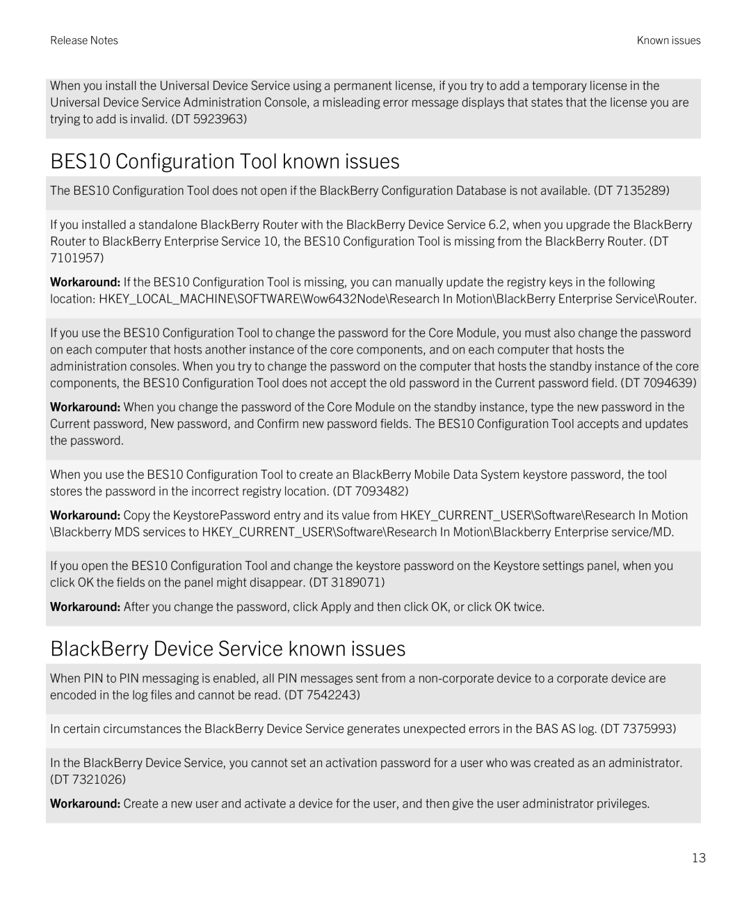 Blackberry VERSION: 10.1.2 manual BES10 Configuration Tool known issues, BlackBerry Device Service known issues 