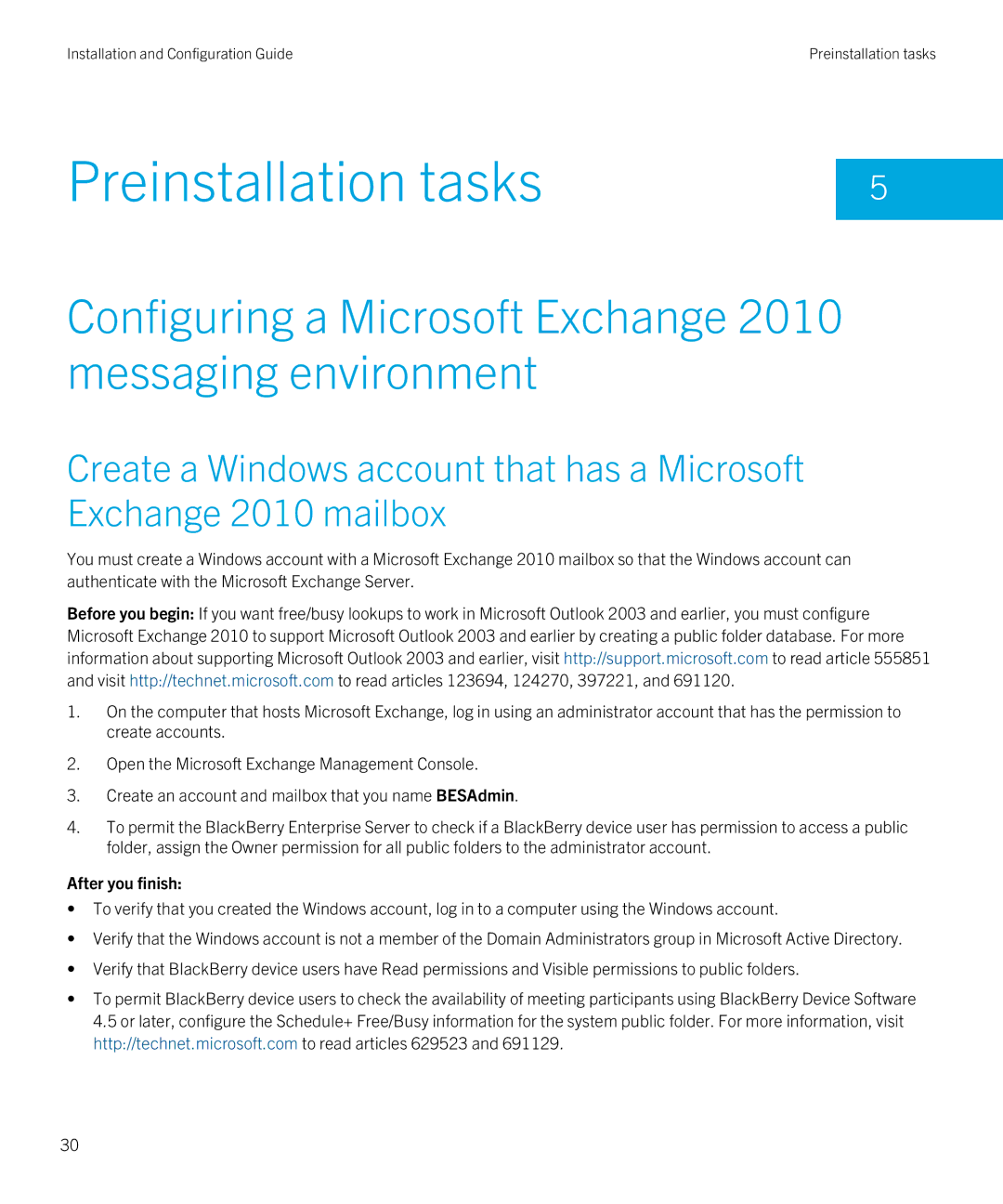 Blackberry Version 5.0 Service Pack 4 Preinstallation tasks, Configuring a Microsoft Exchange 2010 messaging environment 