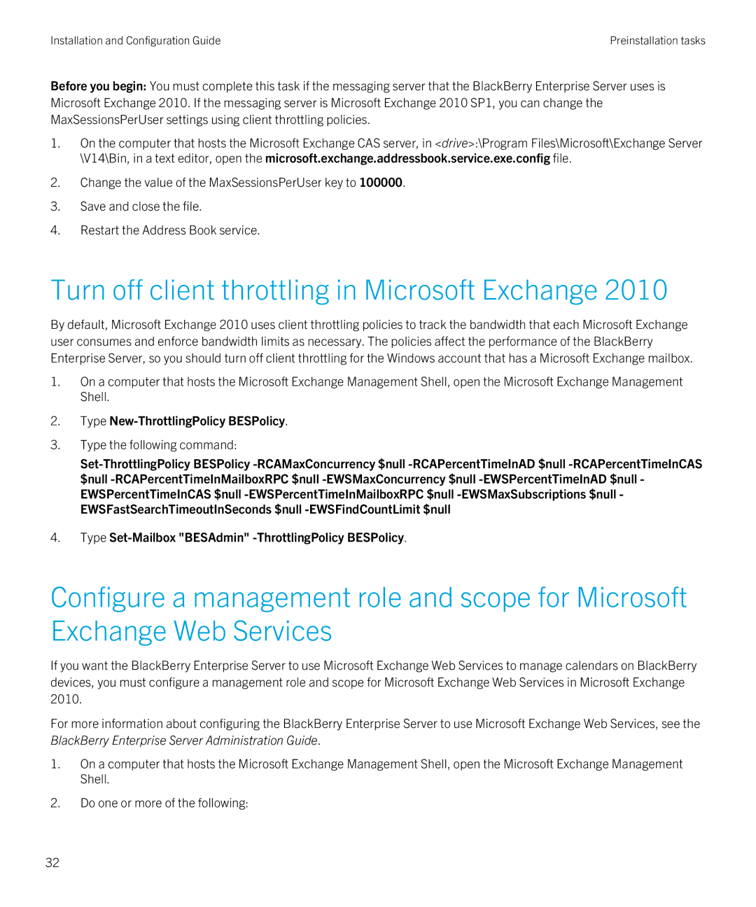 Blackberry Version 5.0 Service Pack 4 manual Turn off client throttling in Microsoft Exchange 