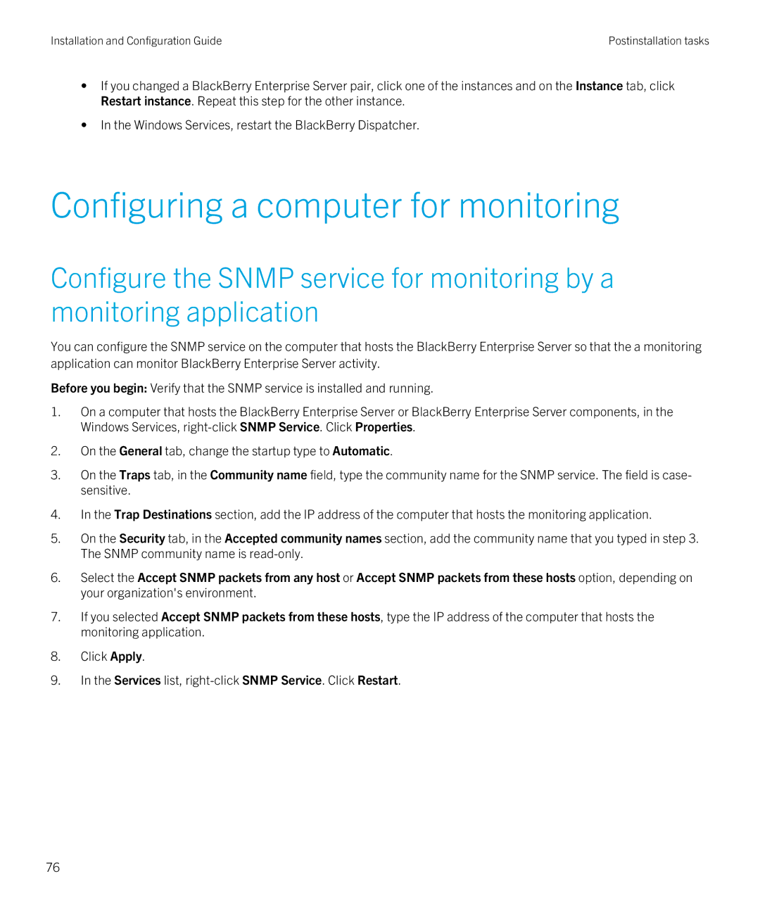 Blackberry Version 5.0 Service Pack 4 manual Configuring a computer for monitoring 