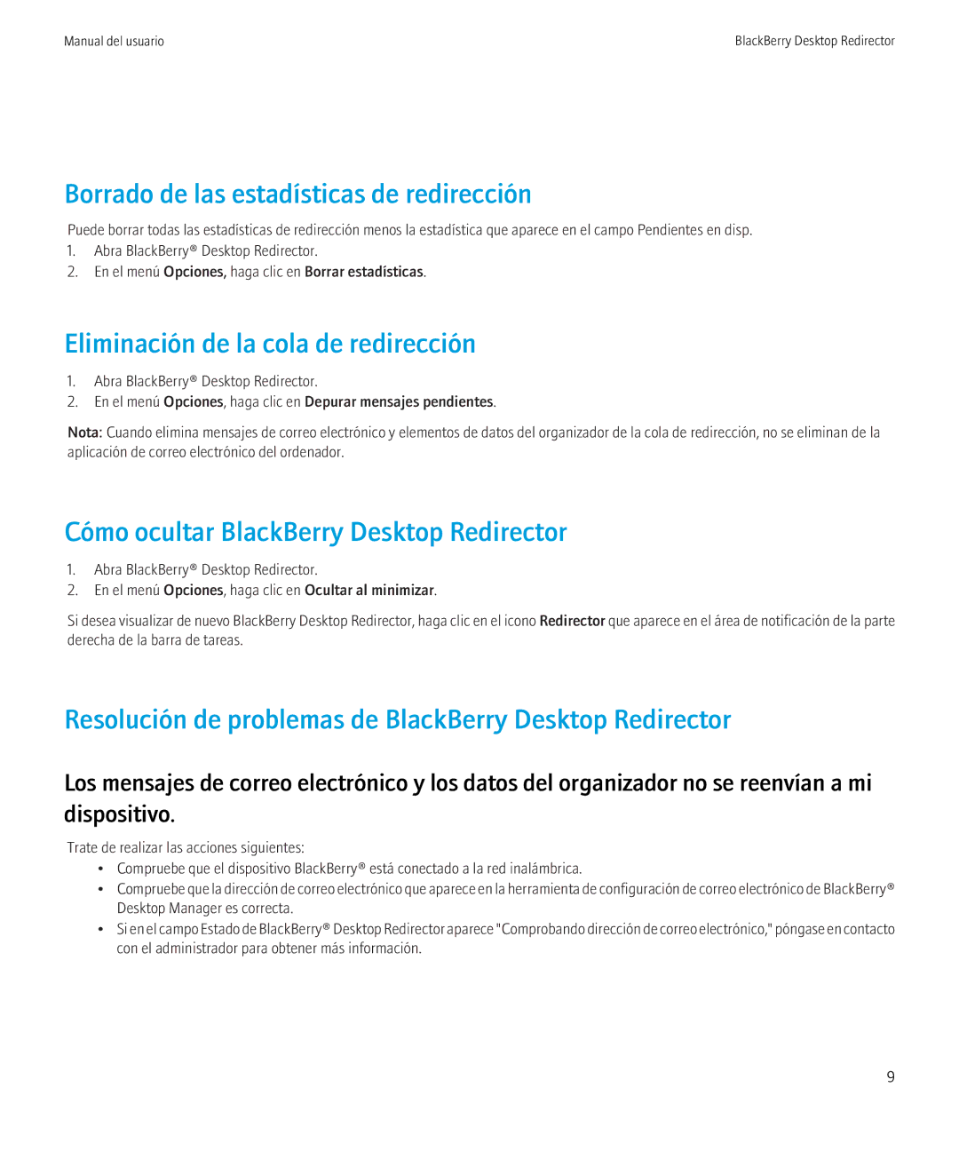 Blackberry VERSION 5.0 manual Borrado de las estadísticas de redirección, Eliminación de la cola de redirección 