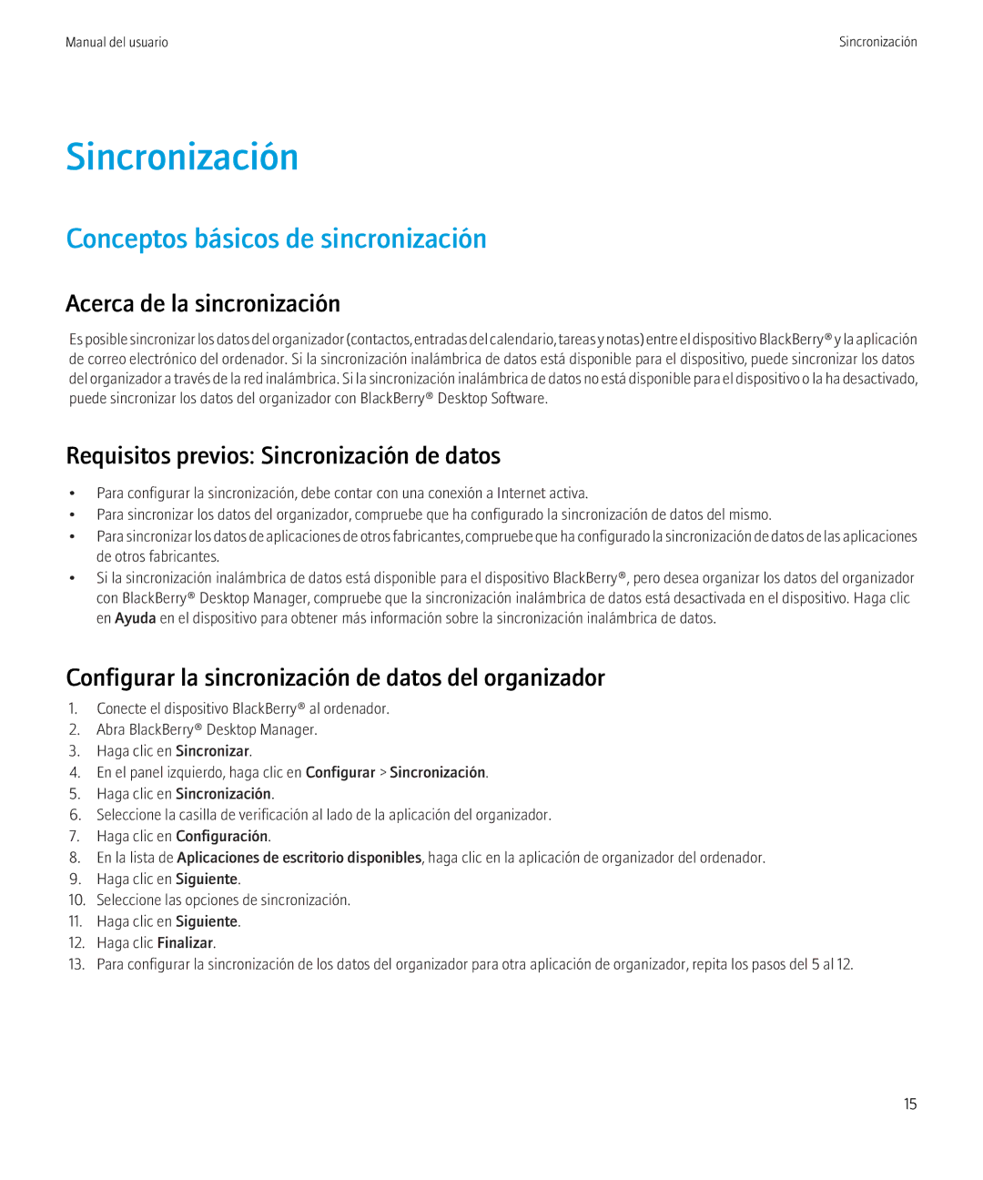 Blackberry VERSION 5.0 manual Sincronización, Conceptos básicos de sincronización, Acerca de la sincronización 