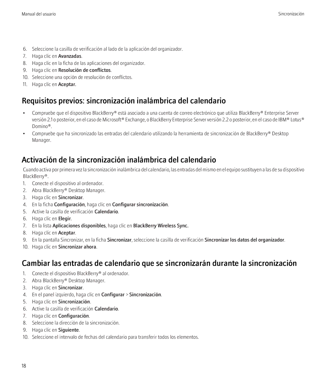 Blackberry VERSION 5.0 manual Requisitos previos sincronización inalámbrica del calendario 