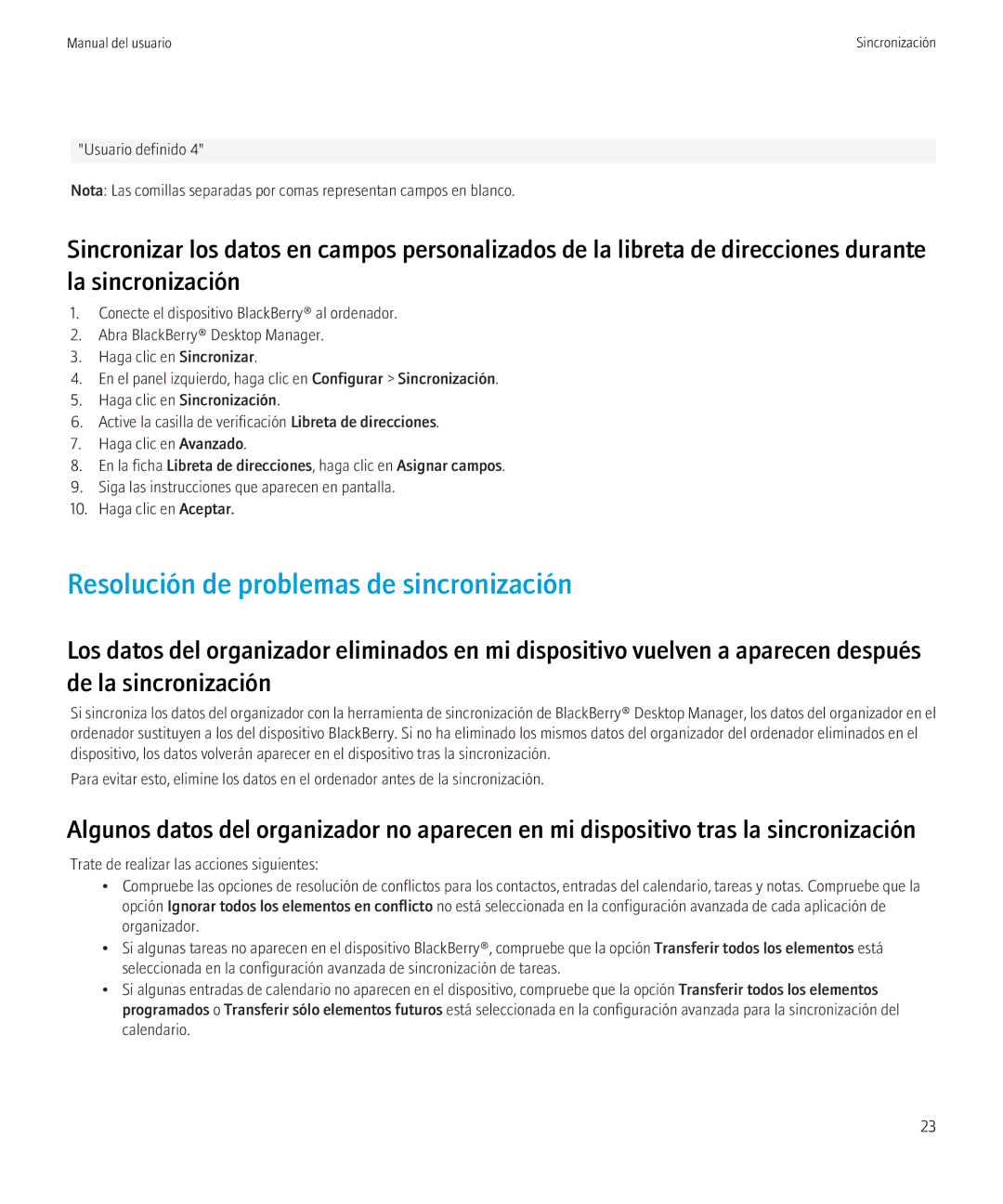 Blackberry VERSION 5.0 manual Resolución de problemas de sincronización 