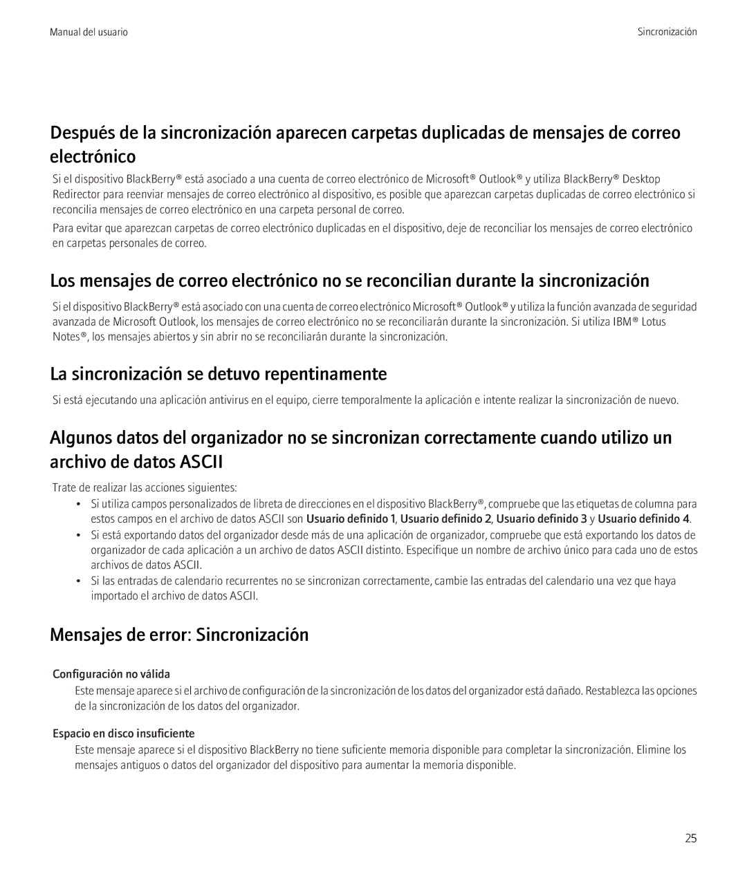 Blackberry VERSION 5.0 manual La sincronización se detuvo repentinamente, Mensajes de error Sincronización 