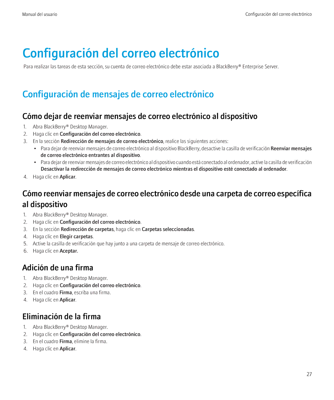 Blackberry VERSION 5.0 manual Configuración del correo electrónico, Configuración de mensajes de correo electrónico 