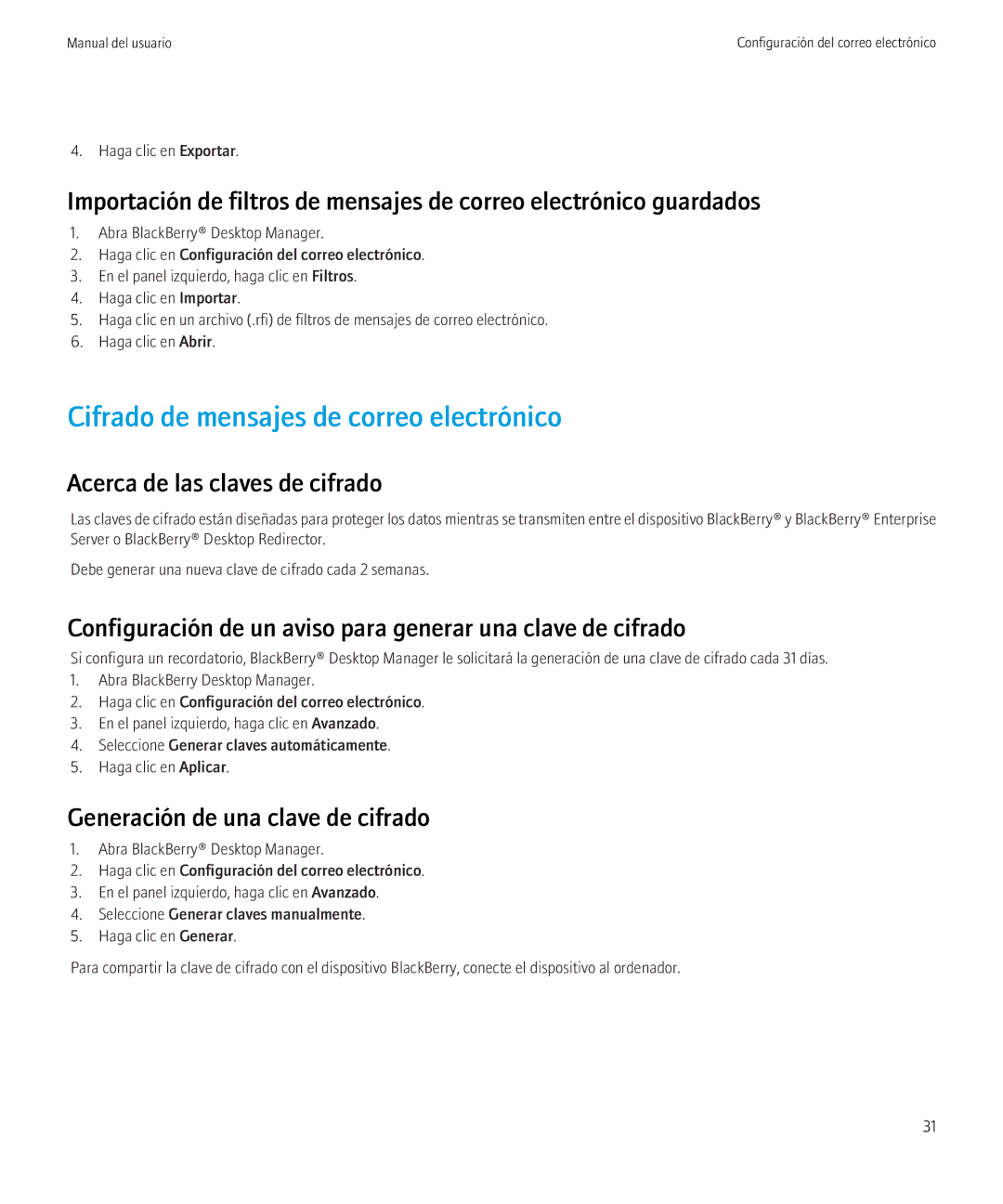 Blackberry VERSION 5.0 manual Cifrado de mensajes de correo electrónico, Acerca de las claves de cifrado 