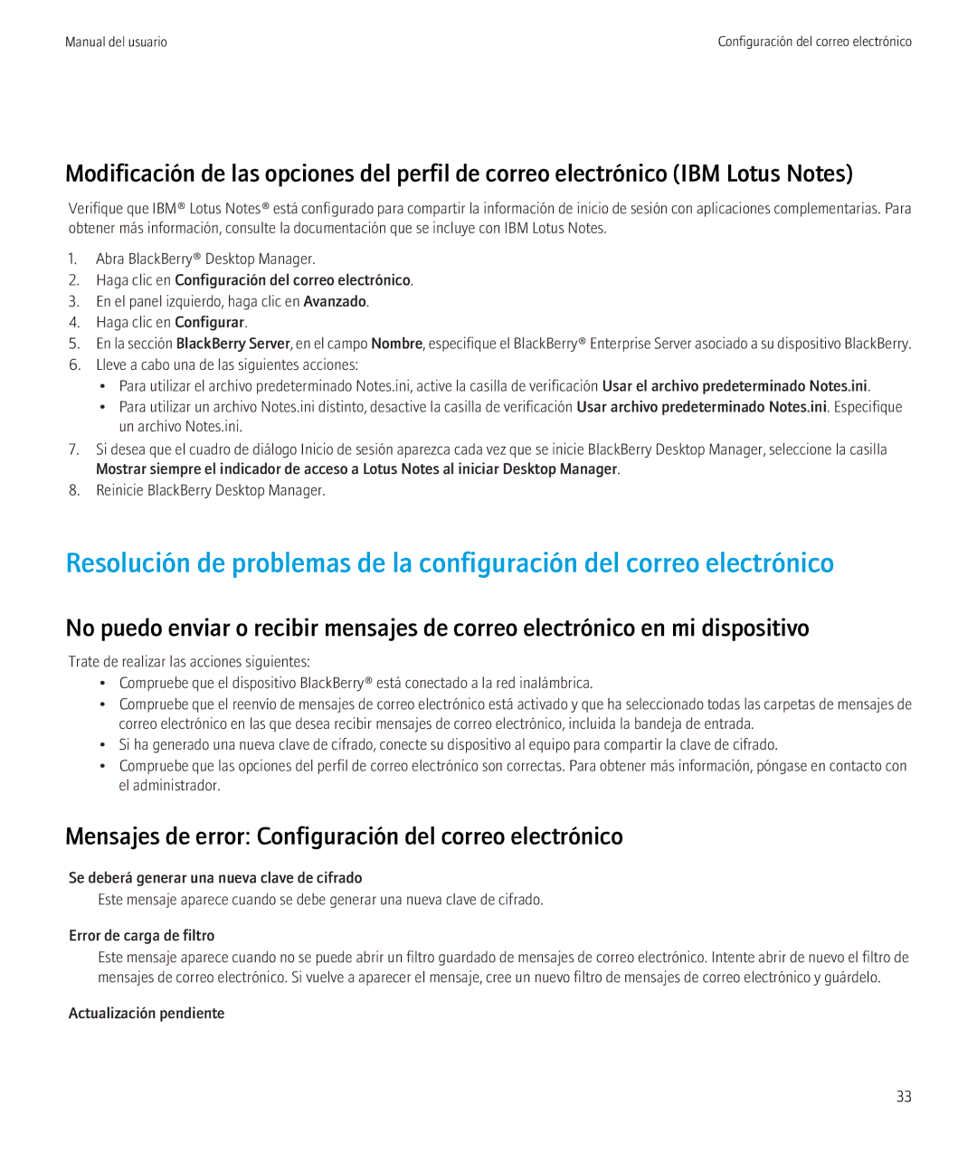 Blackberry VERSION 5.0 manual Mensajes de error Configuración del correo electrónico 